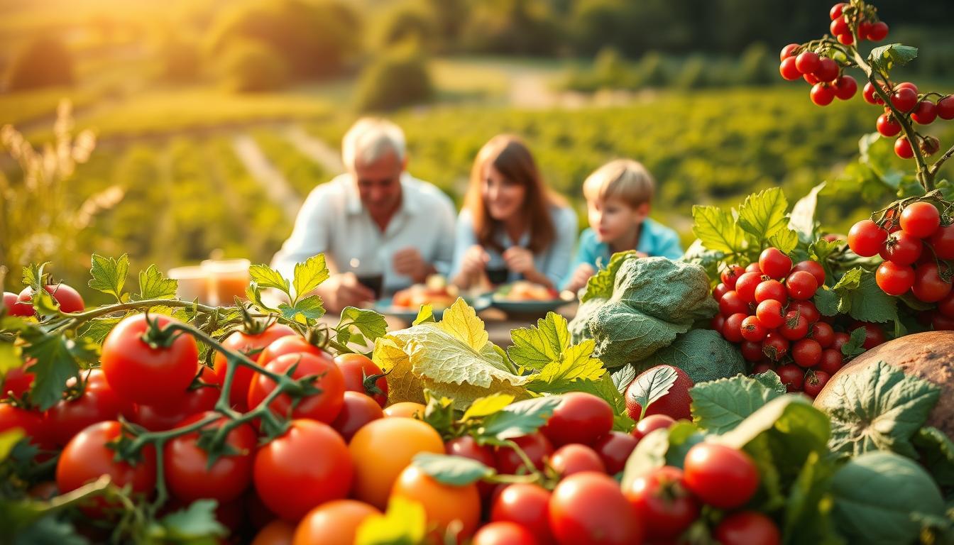 A vibrant scene depicting the benefits of seasonal eating. In the foreground, a bountiful harvest of fresh, colorful produce - juicy tomatoes, crisp greens, and vibrant berries. In the middle ground, a family enjoying a delicious, nourishing meal together, with the seasonal ingredients taking center stage. The background features a lush, verdant landscape, hinting at the natural cycles that bring us these seasonal delights. Warm, golden lighting bathes the scene, conveying a sense of comfort and well-being. The composition is balanced and visually appealing, inviting the viewer to savor the joys of eating in harmony with the rhythms of nature. A vibrant scene depicting the benefits of seasonal eating. In the foreground, a bountiful harvest of fresh, colorful produce - juicy tomatoes, crisp greens, and vibrant berries. In the middle ground, a family enjoying a delicious, nourishing meal together, with the seasonal ingredients taking center stage. The background features a lush, verdant landscape, hinting at the natural cycles that bring us these seasonal delights. Warm, golden lighting bathes the scene, conveying a sense of comfort and well-being. The composition is balanced and visually appealing, inviting the viewer to savor the joys of eating in harmony with the rhythms of nature.