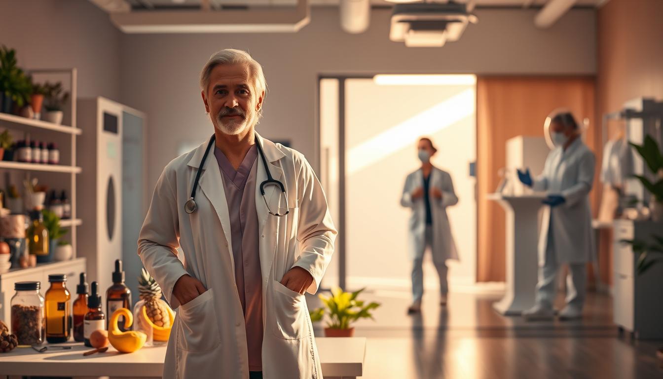 A vibrant scene depicting the contrast between functional medicine and traditional healthcare. In the foreground, a functional medicine practitioner stands with a holistic approach, surrounded by natural remedies and a patient engaged in active wellness. In the background, a traditional healthcare setting with a doctor and sterile equipment, representing a more reactive, symptom-focused approach. The lighting is warm and inviting in the functional medicine space, while the traditional healthcare area has a cooler, clinical tone. The overall composition highlights the philosophical differences between the two medical paradigms, conveying the personalized, preventative nature of functional medicine.