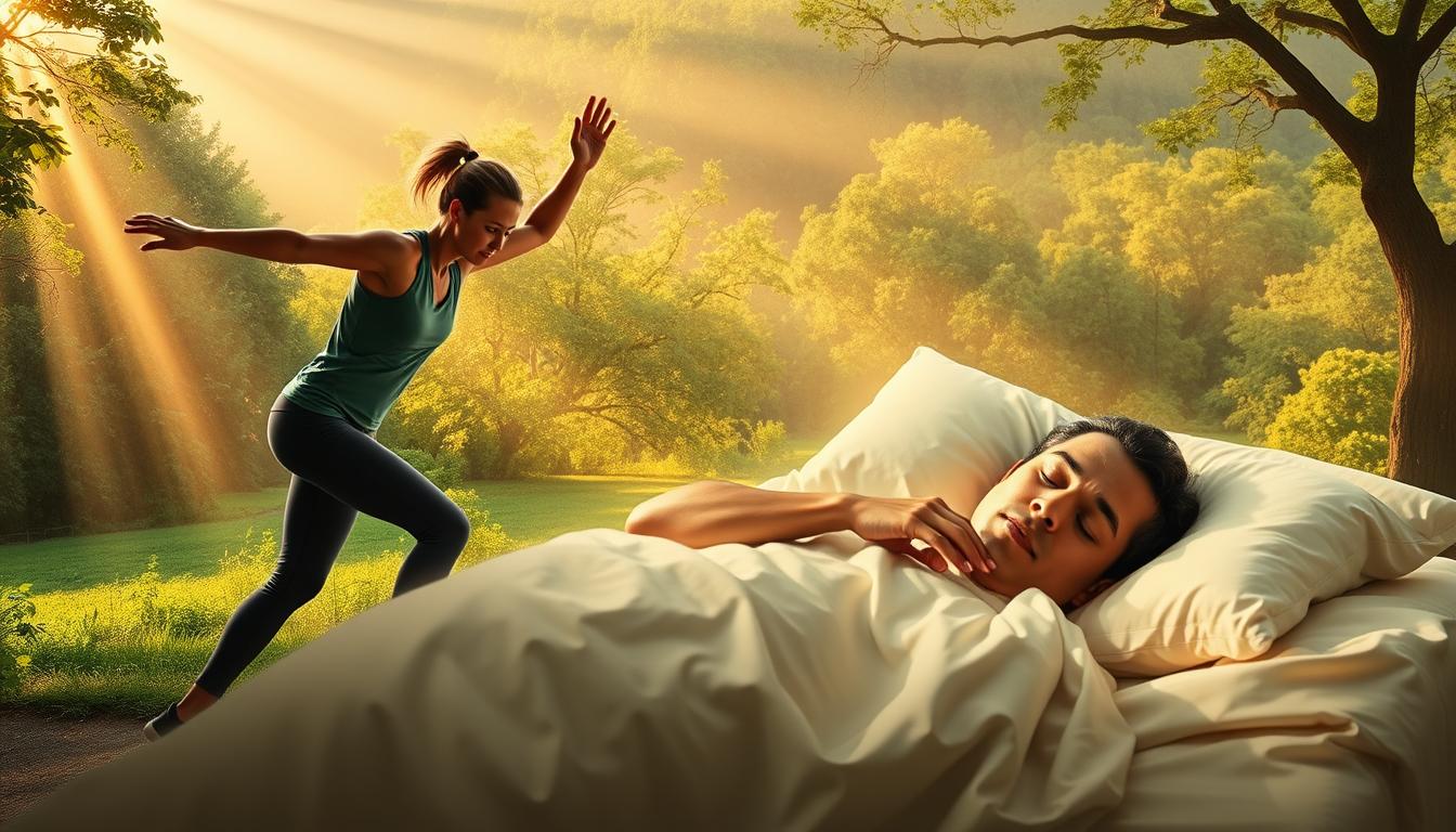 A vibrant scene depicting the intersection of exercise and sleep for longevity. In the foreground, a person in activewear performs a series of dynamic stretches, their movements flowing with energy. In the middle ground, the same individual is shown sleeping peacefully, their face serene and well-rested. The background features a lush, verdant landscape, with rays of warm, golden light filtering through the trees, creating a serene and rejuvenating atmosphere. The overall composition conveys the synergistic relationship between physical activity and quality sleep, both essential components for a long and healthy life. A vibrant scene depicting the intersection of exercise and sleep for longevity. In the foreground, a person in activewear performs a series of dynamic stretches, their movements flowing with energy. In the middle ground, the same individual is shown sleeping peacefully, their face serene and well-rested. The background features a lush, verdant landscape, with rays of warm, golden light filtering through the trees, creating a serene and rejuvenating atmosphere. The overall composition conveys the synergistic relationship between physical activity and quality sleep, both essential components for a long and healthy life.