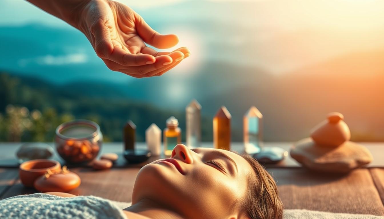A vibrant scene of Reiki healing, showcasing the complementary nature of this ancient practice. In the foreground, a Reiki practitioner's hands hover gently over a patient, emitting a soft, ethereal glow. The patient's face is serene, eyes closed, as they bask in the calming energy. In the middle ground, various Reiki symbols and crystals are artfully arranged, symbolizing the holistic approach. The background features a serene, natural landscape, with calming blues and greens, suggesting the harmony between Reiki and the natural world. Warm, diffused lighting creates a soothing, meditative atmosphere, highlighting the complementary role of Reiki in the realm of healthcare.