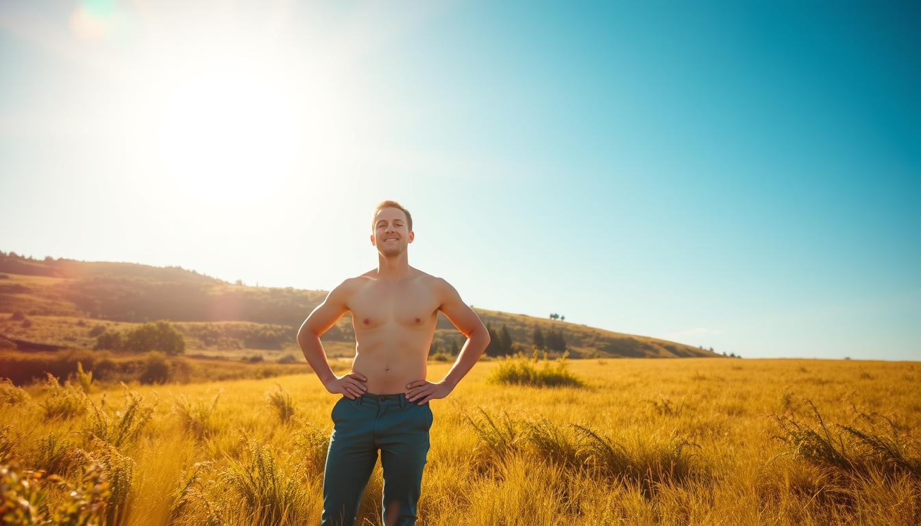 A vibrant scene of a person enjoying the benefits of sun exposure for weight management. In the foreground, a fit individual stands in a sunny, open field, basking in the warm, golden rays of the sun. Their body language exudes a sense of energy and vitality. In the middle ground, a lush, verdant landscape frames the scene, highlighting the natural setting. In the background, a clear, azure sky stretches out, creating a serene and tranquil atmosphere. The lighting is soft and diffused, emphasizing the therapeutic glow of the sunlight. The overall composition conveys the idea of sun exposure as a natural and effective aid for weight management, promoting a healthy and active lifestyle.