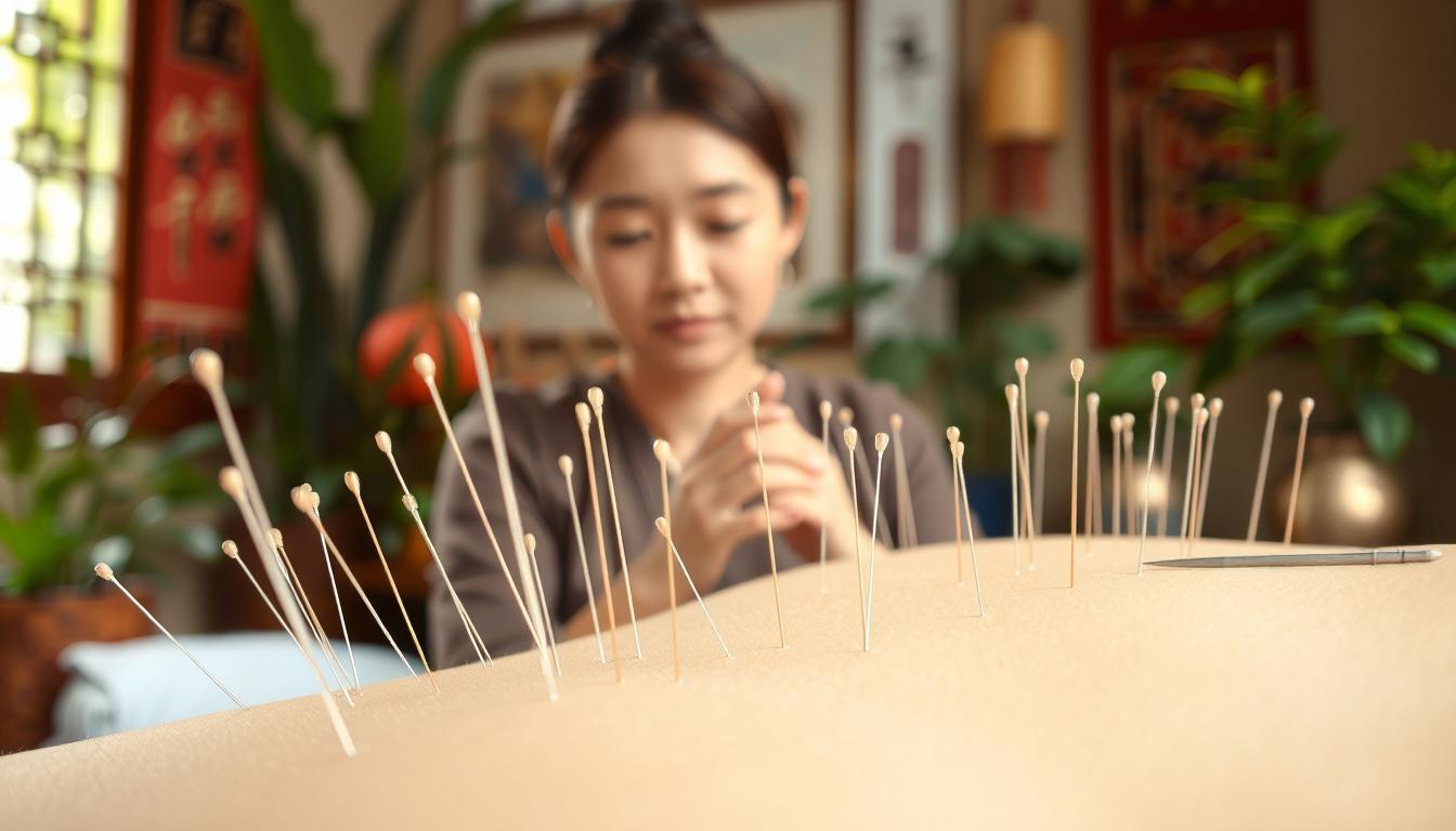 A vibrant scene of acupuncture for vitality. In the foreground, delicate needles are precisely inserted into pressure points along the body, their metallic sheen glistening under warm, natural lighting. The middle ground reveals the serene, focused expression of the practitioner, their hands guiding the treatment with expertise. In the background, lush greenery and traditional Chinese decor create a tranquil, restorative atmosphere, reflecting the ancient wisdom of this holistic healing practice. The overall mood is one of balance, renewal, and a profound connection between the physical and the spiritual.