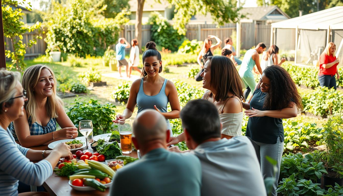 A vibrant scene of friends and family engaged in various healthy activities, fostering social connection for well-being. In the foreground, a group of people laughing and chatting over a shared meal, whole food ingredients visible on the table. In the middle ground, a group participating in an outdoor yoga session, their poses graceful and serene. In the background, a lively community garden where neighbors work together, tending to their plants. Warm, natural lighting bathes the entire scene, creating a sense of togetherness and joy. The overall atmosphere exudes a positive, nurturing energy that inspires healthy habits through social engagement. A vibrant scene of friends and family engaged in various healthy activities, fostering social connection for well-being. In the foreground, a group of people laughing and chatting over a shared meal, whole food ingredients visible on the table. In the middle ground, a group participating in an outdoor yoga session, their poses graceful and serene. In the background, a lively community garden where neighbors work together, tending to their plants. Warm, natural lighting bathes the entire scene, creating a sense of togetherness and joy. The overall atmosphere exudes a positive, nurturing energy that inspires healthy habits through social engagement.
