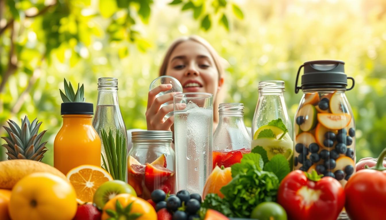 A vibrant scene of hydration hacks, captured in a crisp, high-resolution image. In the foreground, an array of colorful fruits, vegetables, and infused water bottles, artfully arranged to showcase their refreshing and hydrating properties. The middle ground features a person sipping from a glass, their face radiant and rejuvenated. In the background, a lush, verdant setting with gentle natural lighting, creating a serene and calming atmosphere. The overall composition conveys a sense of mindfulness, balance, and the importance of staying hydrated throughout the day. A vibrant scene of hydration hacks, captured in a crisp, high-resolution image. In the foreground, an array of colorful fruits, vegetables, and infused water bottles, artfully arranged to showcase their refreshing and hydrating properties. The middle ground features a person sipping from a glass, their face radiant and rejuvenated. In the background, a lush, verdant setting with gentle natural lighting, creating a serene and calming atmosphere. The overall composition conveys a sense of mindfulness, balance, and the importance of staying hydrated throughout the day.