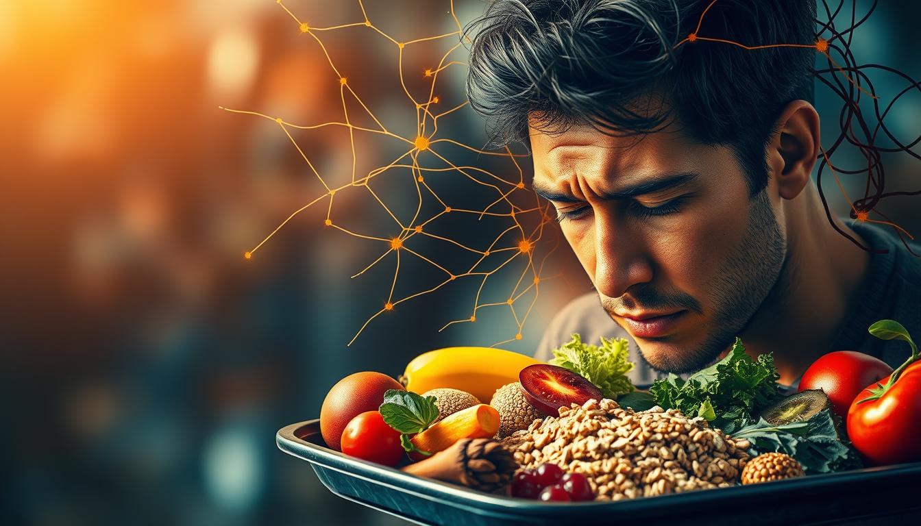 A vibrant scene of stress and nutrition. In the foreground, a person's face is etched with worry, their brow furrowed and eyes downcast. Surrounding them, a tangled web of nervous energy, depicted through dynamic lines and bursts of color. In the middle ground, a tray of nutritious foods - fresh fruits, vegetables, and whole grains - stands in contrast, suggesting the struggle to maintain a balanced diet amidst the mental turmoil. The background is a blur of activity, hinting at the fast-paced, demanding world that contributes to the individual's stress. Warm lighting casts a glow over the scene, creating a sense of urgency and the need for self-care. The composition emphasizes the delicate balance between mental well-being and physical nourishment.