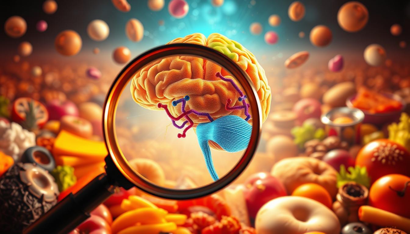 A vibrant, scientific illustration depicting the decoding of food cravings. In the foreground, a magnifying glass examines the intricate neural pathways and chemical signals that trigger cravings. The middle ground features a human brain, with color-coded regions illuminating the complex interplay of hormones, neurotransmitters, and emotional responses that drive these desires. In the background, a panoramic landscape of various food items, their alluring textures and colors hinting at the physiological and psychological factors that shape our cravings. Dramatic lighting casts a warm, inquisitive glow, inviting the viewer to delve deeper into the fascinating science behind this fundamental human experience.