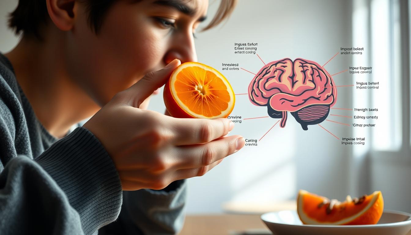 A vibrant, scientific illustration of mindful eating. In the foreground, a close-up view of a person's hands delicately holding a piece of fresh fruit, their gaze focused intently. The middle ground features a detailed diagram of the brain, highlighting the regions associated with cravings and impulse control. In the background, a serene, minimalist environment with soft, diffused lighting, creating a contemplative atmosphere. The overall scene conveys the idea of understanding the cognitive mechanisms behind cravings and the power of conscious attention in regulating one's eating habits. A vibrant, scientific illustration of mindful eating. In the foreground, a close-up view of a person's hands delicately holding a piece of fresh fruit, their gaze focused intently. The middle ground features a detailed diagram of the brain, highlighting the regions associated with cravings and impulse control. In the background, a serene, minimalist environment with soft, diffused lighting, creating a contemplative atmosphere. The overall scene conveys the idea of understanding the cognitive mechanisms behind cravings and the power of conscious attention in regulating one's eating habits.