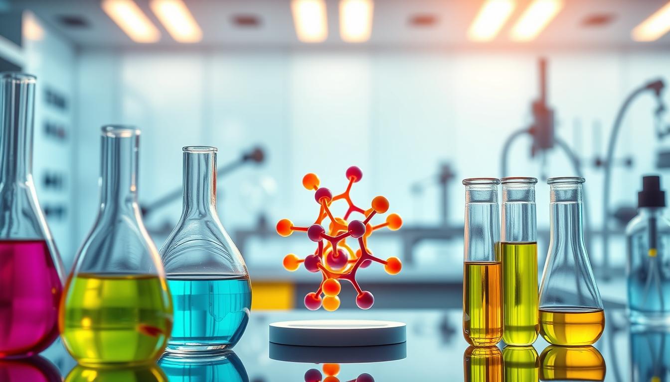 A vibrant, scientific illustration showcasing the essence of essential oils. In the foreground, delicate glass beakers and test tubes filled with colorful liquids, reflecting the intricate chemical compounds of natural botanicals. The middle ground features a molecular model, its intricate structures illuminated by warm laboratory lighting, hinting at the complex interactions between the active ingredients. In the background, a sleek, modern lab environment with clean lines and state-of-the-art equipment, setting the stage for the rigorous research and analysis behind the therapeutic properties of essential oils. The overall mood is one of precision, innovation, and the pursuit of scientific understanding.