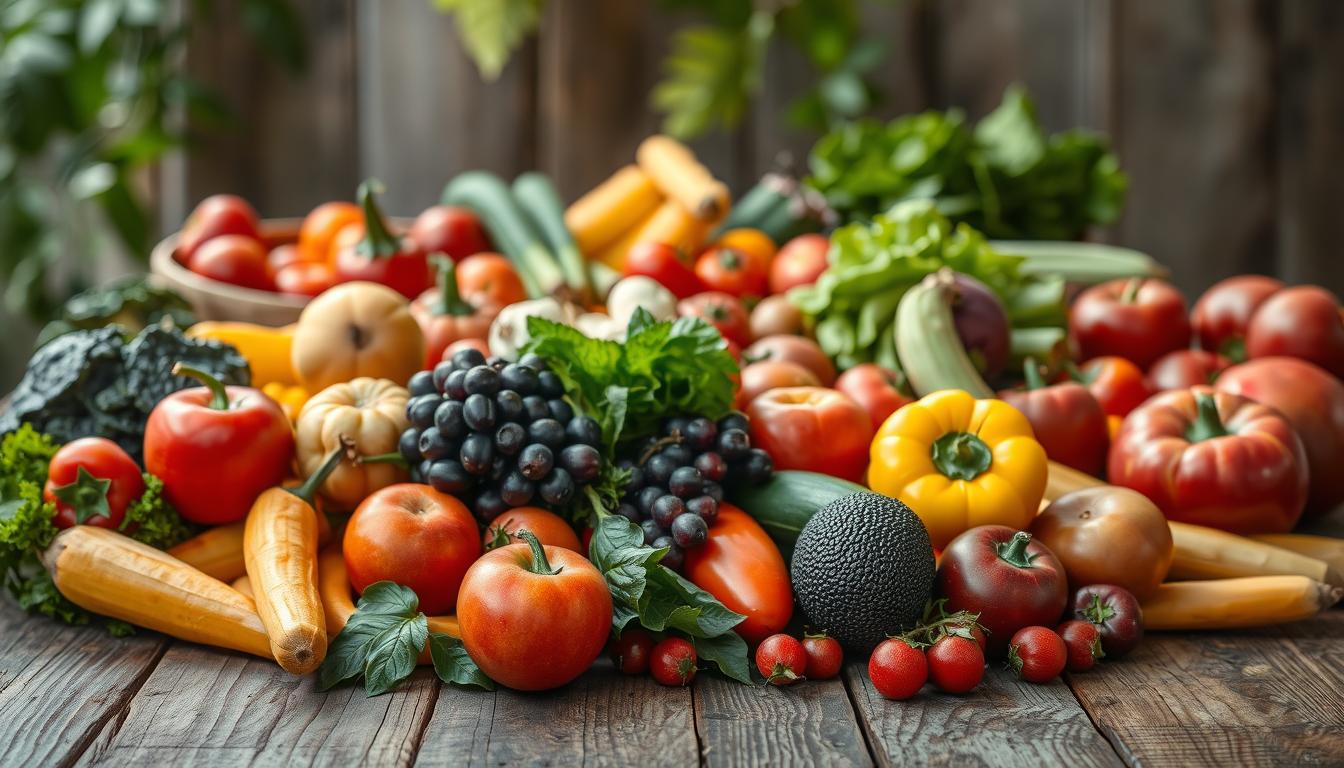A vibrant seasonal produce guide, meticulously arranged on a rustic wooden table. In the foreground, a bountiful display of ripe fruits and vegetables, each carefully selected to represent the current season. The middle ground showcases an array of seasonal ingredients, their colors and textures harmoniously blending together. In the background, a softly lit, natural setting, with a hint of leaves and foliage, creating a warm, inviting atmosphere. Captured with a wide-angle lens, the image conveys a sense of abundance and the celebration of nature's seasonal offerings, perfect for guiding readers on their journey of seasonal eating for better health. A vibrant seasonal produce guide, meticulously arranged on a rustic wooden table. In the foreground, a bountiful display of ripe fruits and vegetables, each carefully selected to represent the current season. The middle ground showcases an array of seasonal ingredients, their colors and textures harmoniously blending together. In the background, a softly lit, natural setting, with a hint of leaves and foliage, creating a warm, inviting atmosphere. Captured with a wide-angle lens, the image conveys a sense of abundance and the celebration of nature's seasonal offerings, perfect for guiding readers on their journey of seasonal eating for better health.