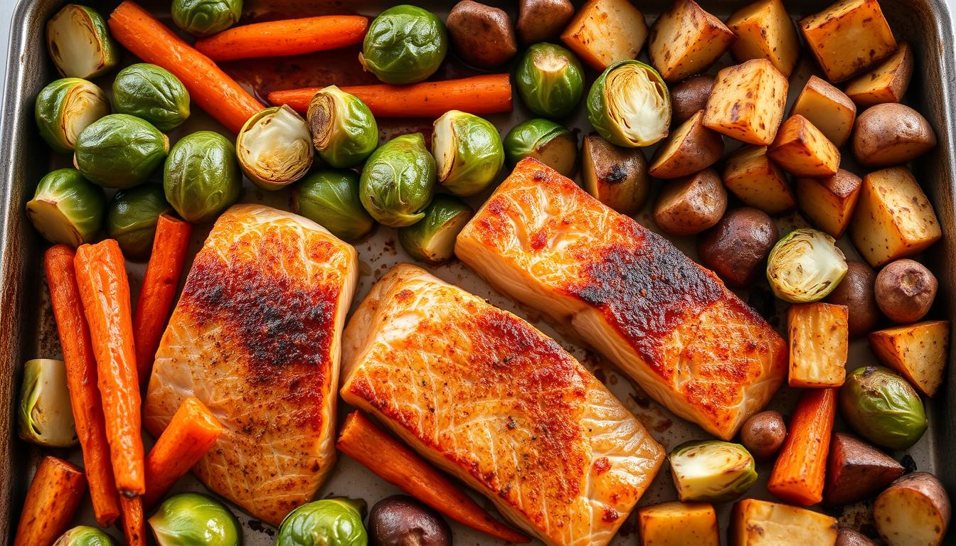 A vibrant sheet pan showcases perfectly roasted salmon fillets, their crisp golden-brown edges contrasting with the tender, flaky interiors. Surrounding the fish are an array of fresh, colorful vegetables - sizzling Brussels sprouts, tender-sweet roasted carrots, and earthy roasted potatoes. The scene is bathed in warm, natural lighting, casting a soft glow over the dish. The overall atmosphere is one of simplicity and wholesome nourishment, inviting the viewer to savor this quick, low-carb meal.