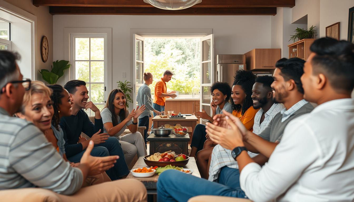 A vibrant social gathering with a diverse group of people engaging in genuine, meaningful interactions. In the foreground, friends and acquaintances sit around a cozy living room, gesturing animatedly and laughing as they share stories and experiences. The middle ground features a well-lit kitchen area where individuals are preparing a shared meal, fostering a sense of community. In the background, an open doorway leads to a lush, inviting outdoor space, symbolizing the boundless opportunities for connection. The overall scene radiates a warm, comfortable atmosphere, encouraging a sense of belonging and camaraderie.