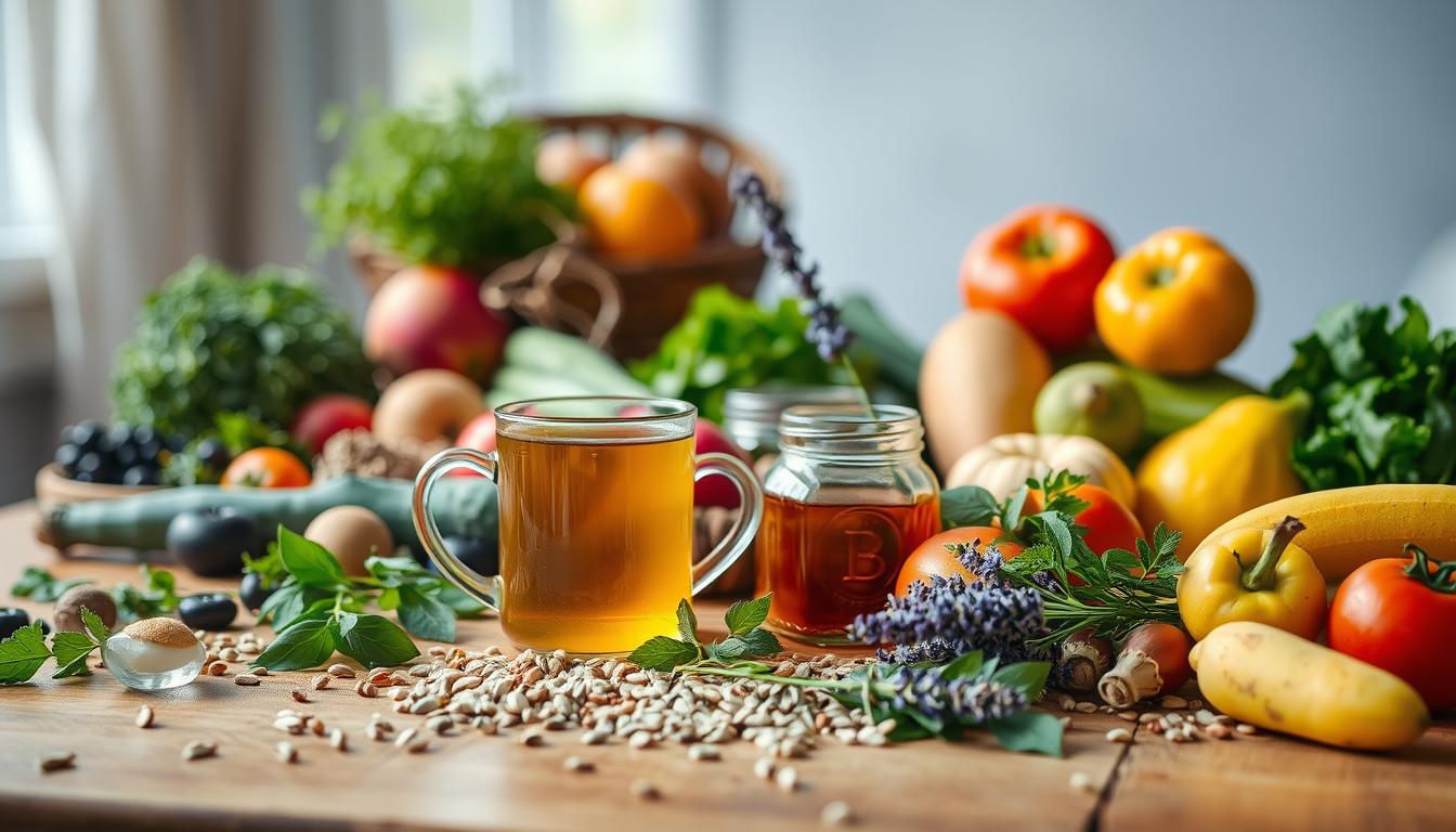 A vibrant still life arrangement featuring an array of whole foods and culinary ingredients, artfully arranged on a wooden table. In the foreground, a variety of fresh fruits, vegetables, herbs, and whole grains are displayed, symbolizing the importance of dietary adjustments for mental health. The middle ground features a steaming mug of herbal tea, a jar of honey, and a sprig of lavender, evoking a sense of calm and relaxation. The background is softly lit, with natural light filtering through a window, casting a warm glow over the scene. The overall composition conveys a sense of balance, harmony, and the connection between nourishing the body and nourishing the mind.