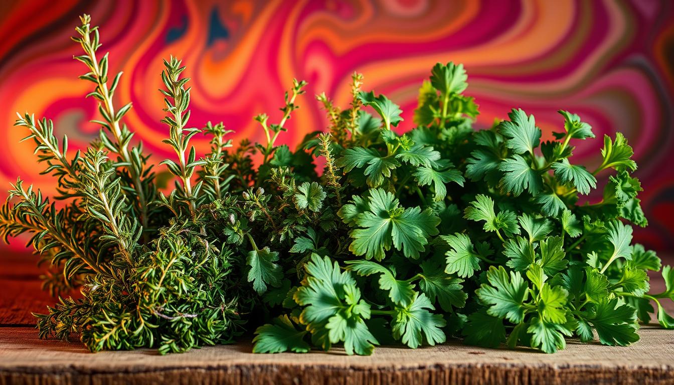 A vibrant still life arrangement of various fresh herbs for healthy cooking, including fragrant rosemary, oregano, thyme, basil, and parsley, artfully arranged on a rustic wooden surface. The herbs are illuminated by warm, natural lighting from the side, casting dramatic shadows and highlights that accentuate their textures and colors. The overall composition has a sense of movement and dynamism, with the herbs seemingly swirling and intertwining against a backdrop of vibrant, swirling colors that complement the organic tones of the plants.