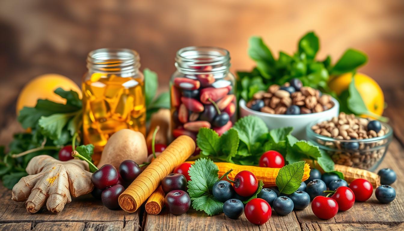 A vibrant still life arrangement showcasing an assortment of anti-inflammatory foods for joint pain relief. In the foreground, a variety of fresh produce including ginger, turmeric, cherries, blueberries, and leafy greens are artfully arranged on a rustic wooden table. The middle ground features a glass jar filled with omega-rich fish oil capsules and a bowl of nuts and seeds. The background is softly illuminated, creating a warm, natural ambiance that emphasizes the wholesome, nourishing qualities of these joint-friendly ingredients. The overall composition conveys a sense of wellness, vitality, and a holistic approach to improving joint health through a balanced, anti-inflammatory diet.