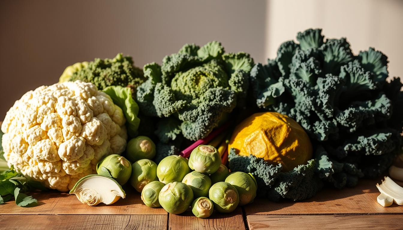 A vibrant still life arrangement showcasing an assortment of cruciferous vegetables, including broccoli, cauliflower, Brussels sprouts, and kale, arranged on a rustic wooden table. The vegetables are bathed in warm, natural lighting, casting soft shadows and highlighting their vibrant colors and textures. In the foreground, the vegetables are displayed in an elegant, artful manner, drawing the viewer's attention to their nutritional benefits and cancer-fighting properties. The middle ground features a clean, minimal background, allowing the produce to take center stage. The overall mood is one of health, vitality, and the power of functional foods in disease prevention. A vibrant still life arrangement showcasing an assortment of cruciferous vegetables, including broccoli, cauliflower, Brussels sprouts, and kale, arranged on a rustic wooden table. The vegetables are bathed in warm, natural lighting, casting soft shadows and highlighting their vibrant colors and textures. In the foreground, the vegetables are displayed in an elegant, artful manner, drawing the viewer's attention to their nutritional benefits and cancer-fighting properties. The middle ground features a clean, minimal background, allowing the produce to take center stage. The overall mood is one of health, vitality, and the power of functional foods in disease prevention.