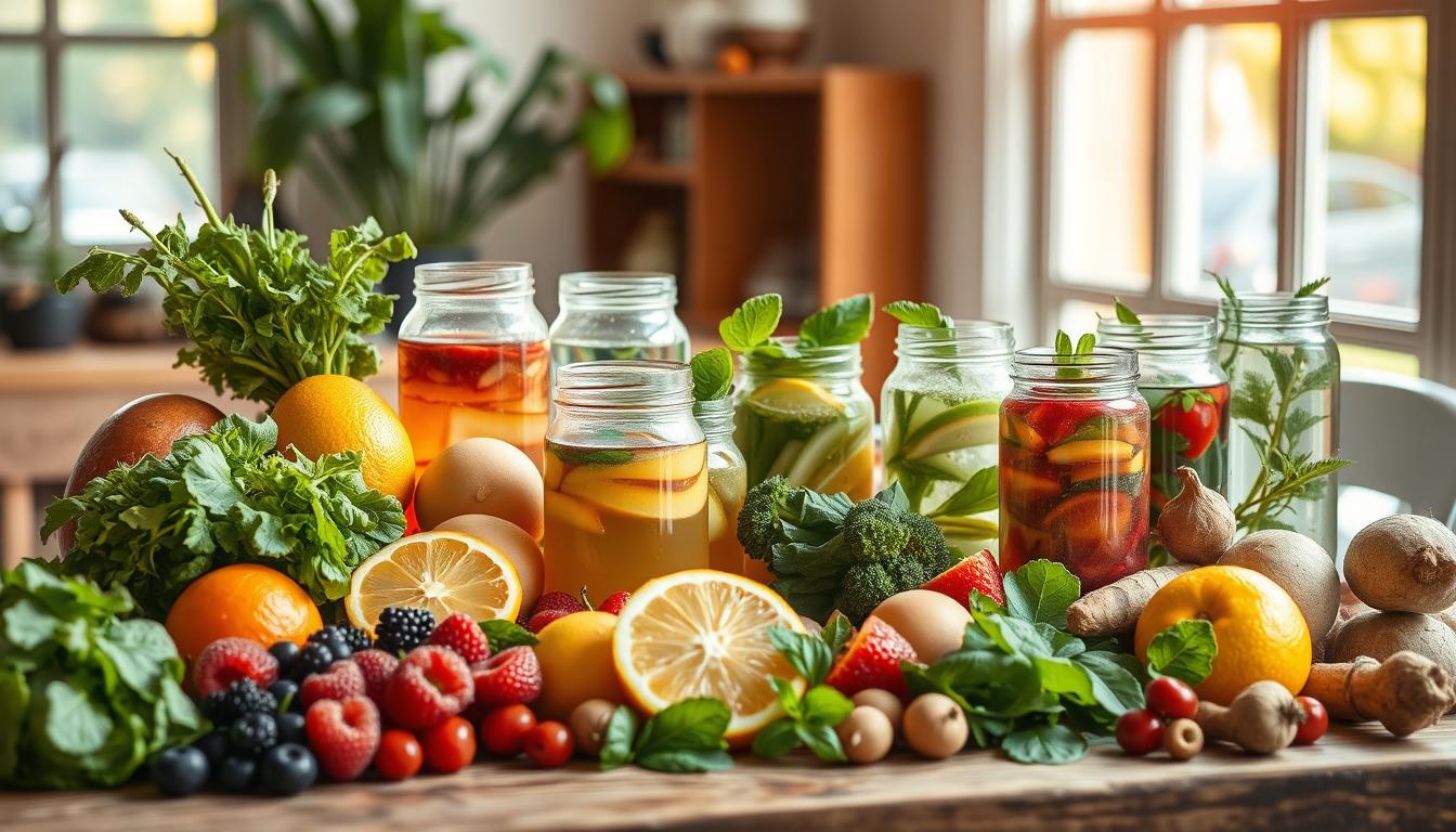 A vibrant still life arrangement showcasing an assortment of detox-friendly foods. In the foreground, a variety of fresh fruits and vegetables - crisp greens, zesty citrus, juicy berries, and earthy root vegetables - are artfully arranged on a rustic wooden table. The middle ground features glass jars filled with various herbal teas and infused waters, complementing the natural tones. In the background, a window allows warm, natural light to bathe the scene, creating a soothing, rejuvenating atmosphere. The composition emphasizes the vibrant colors, textures, and nutritional benefits of these wholesome, cleansing ingredients.