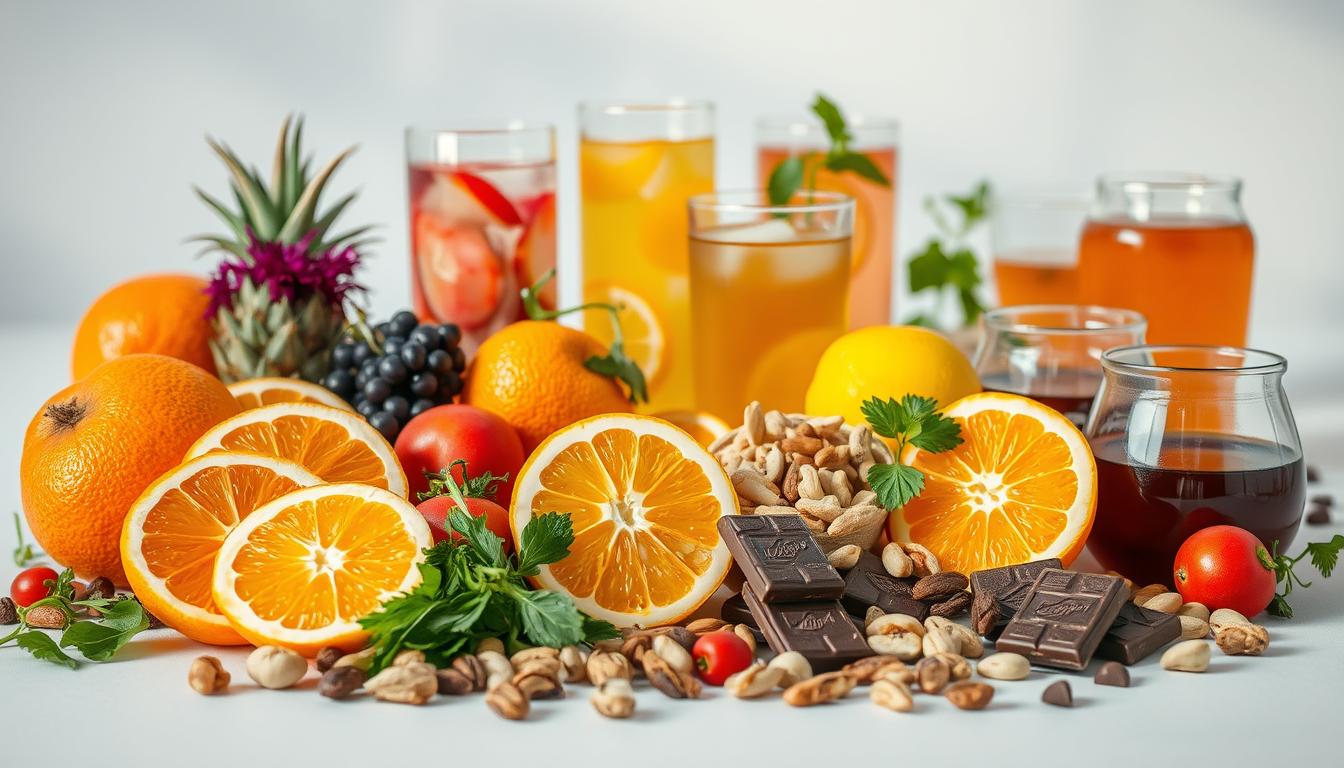 A vibrant still life arrangement showcasing an assortment of fresh, colorful ingredients and snacks. In the foreground, an array of flavorful options such as sliced citrus fruits, aromatic herbs, crunchy nuts, and bite-sized pieces of dark chocolate. In the middle ground, a variety of healthy beverages like infused waters and herbal teas. The background features a clean, minimal backdrop, allowing the vibrant food items to take center stage. Soft, natural lighting illuminates the scene, creating a warm and inviting atmosphere. The composition is balanced and visually appealing, highlighting the "flavor tricks" that can help curb cravings. A vibrant still life arrangement showcasing an assortment of fresh, colorful ingredients and snacks. In the foreground, an array of flavorful options such as sliced citrus fruits, aromatic herbs, crunchy nuts, and bite-sized pieces of dark chocolate. In the middle ground, a variety of healthy beverages like infused waters and herbal teas. The background features a clean, minimal backdrop, allowing the vibrant food items to take center stage. Soft, natural lighting illuminates the scene, creating a warm and inviting atmosphere. The composition is balanced and visually appealing, highlighting the "flavor tricks" that can help curb cravings.