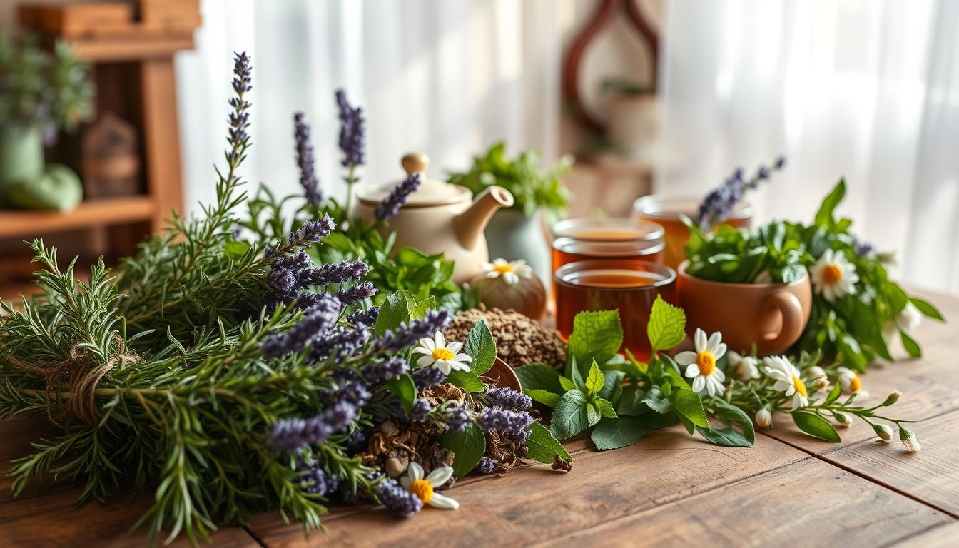 A vibrant still life arrangement showcasing an assortment of lush, fragrant herbs and soothing herbal teas. In the foreground, bundles of fresh rosemary, lavender, and chamomile are arranged neatly on a rustic wooden table, their colors and textures bringing a sense of warmth and vitality. In the middle ground, a ceramic teapot and matching cups sit alongside a selection of loose-leaf teas, their steaming aromas hinting at the restorative properties within. The background depicts a cozy, sun-dappled interior, with soft natural light filtering through sheer curtains, creating a tranquil, inviting atmosphere conducive to wellness and longevity.