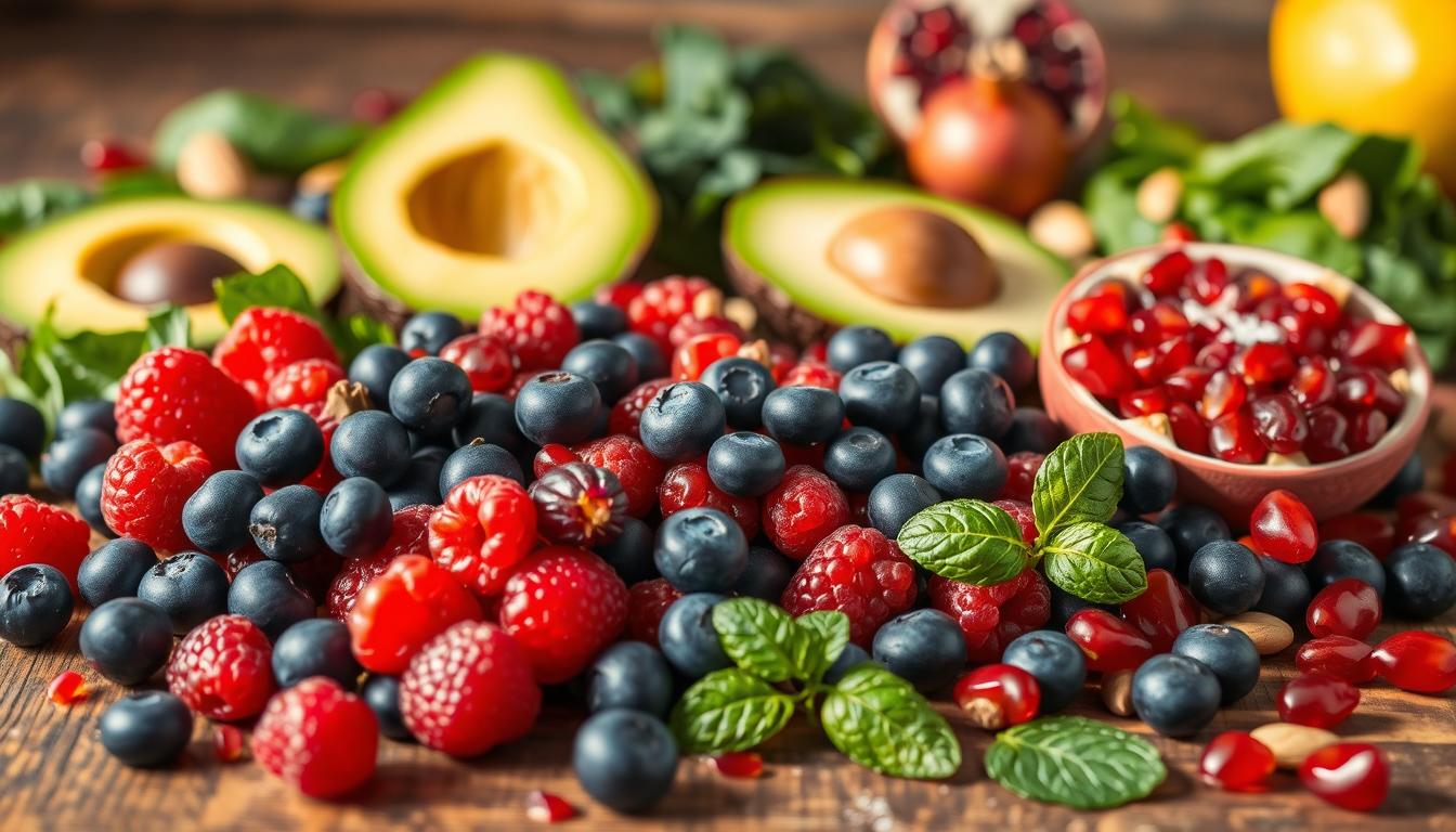 A vibrant still life arrangement showcasing an assortment of nutrient-dense superfoods for radiant, youthful skin. In the foreground, a variety of fresh berries, including blueberries, raspberries, and goji berries, spilled across a rustic wooden surface. In the middle ground, slices of avocado, kiwi, and pomegranate seeds create a colorful and textural contrast. The background features a scattering of leafy greens, such as spinach and kale, alongside a few whole nuts and seeds. Warm, natural lighting casts a soft, glowing ambiance, highlighting the vibrant hues and fresh, wholesome ingredients.