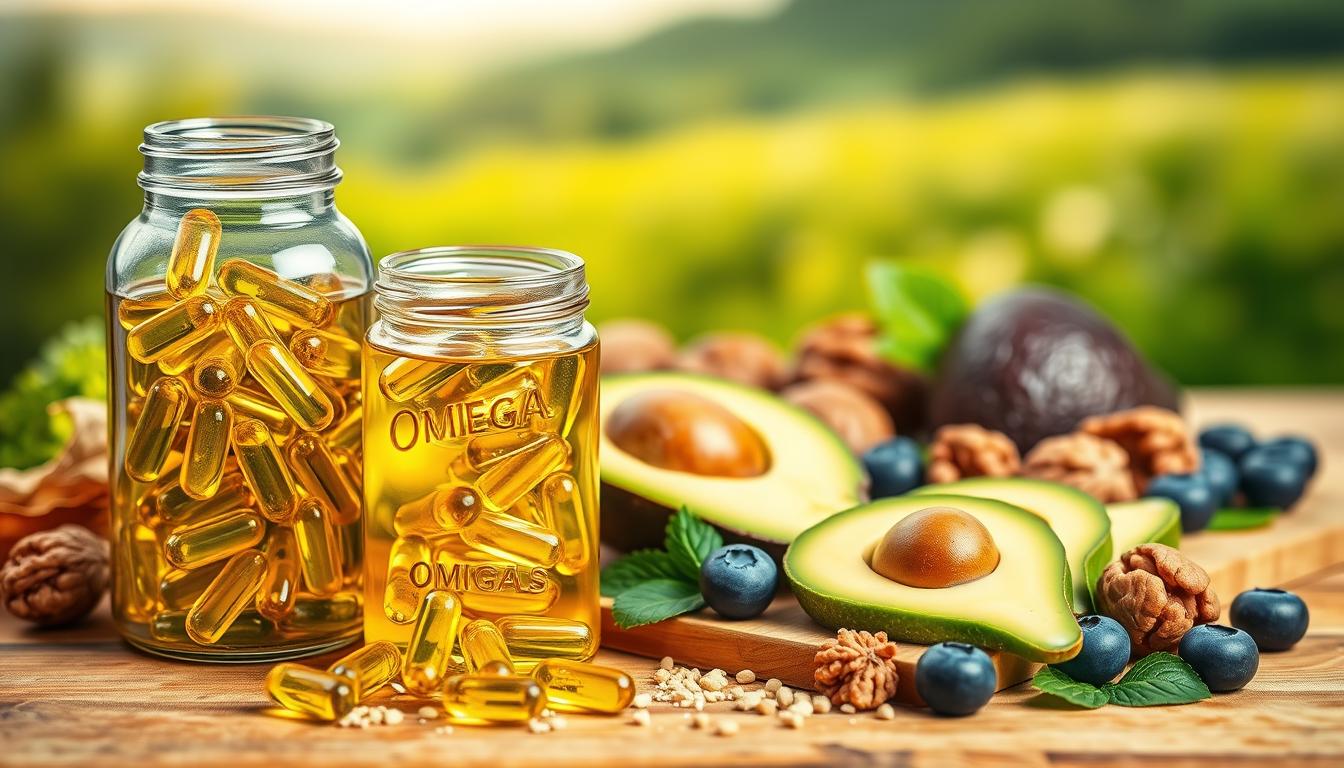A vibrant still life composition depicting a variety of functional food ingredients. In the foreground, a glass jar filled with golden omega-3 fish oil capsules, surrounded by clusters of green plant sterols and beta-glucans. In the middle ground, a wooden board displays slices of fresh avocado, walnuts, and blueberries, symbolizing the nutritional power of these functional foods. The background features a soft, blurred landscape with lush greenery, hinting at the natural origins of these health-promoting compounds. Warm, natural lighting illuminates the scene, creating a sense of inviting wholesomeness. The overall atmosphere conveys the idea of a balanced, nutrient-dense diet for disease prevention. A vibrant still life composition depicting a variety of functional food ingredients. In the foreground, a glass jar filled with golden omega-3 fish oil capsules, surrounded by clusters of green plant sterols and beta-glucans. In the middle ground, a wooden board displays slices of fresh avocado, walnuts, and blueberries, symbolizing the nutritional power of these functional foods. The background features a soft, blurred landscape with lush greenery, hinting at the natural origins of these health-promoting compounds. Warm, natural lighting illuminates the scene, creating a sense of inviting wholesomeness. The overall atmosphere conveys the idea of a balanced, nutrient-dense diet for disease prevention.