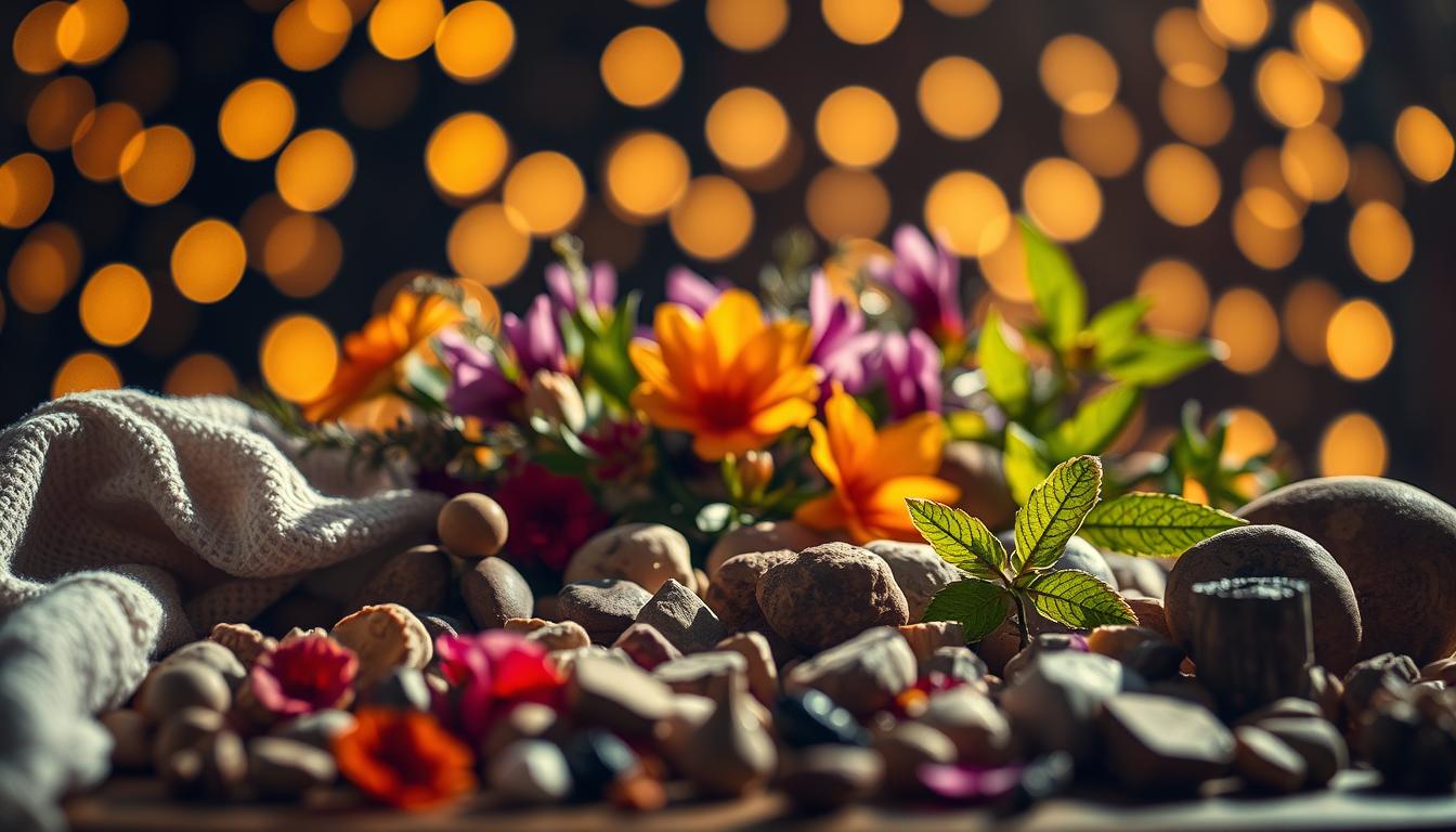 A vibrant still life composition depicting various sensory engagement techniques. In the foreground, an assortment of textured objects inviting tactile exploration - soft fabrics, smooth stones, rigid wooden shapes. In the middle ground, a collection of aromatic botanicals, their petals and leaves radiating color and inviting the sense of smell. Surrounding these, a backdrop of blurred, out-of-focus light sources, creating a warm, immersive atmosphere that stimulates the senses of sight and sound. Dramatic chiaroscuro lighting casts dramatic shadows, emphasizing the depth and dimensionality of the scene. Captured with a shallow depth of field, drawing the viewer's focus to the central sensory elements.