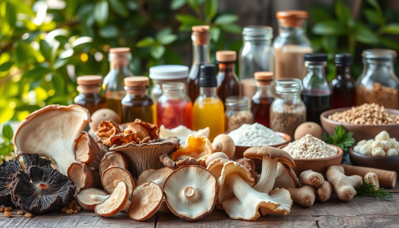 A vibrant still life depicting an array of medicinal mushroom recipes. In the foreground, an assortment of sliced and whole mushrooms, including reishi, chaga, and lion's mane, nestled on a rustic wooden table. In the middle ground, various jars, bottles, and bowls containing tinctures, powders, and other medicinal mushroom preparations. The background features lush, green foliage, suggesting a natural, earthy setting. Soft, warm lighting illuminates the scene, creating a cozy and inviting atmosphere. The composition showcases the diverse ways to incorporate these powerful fungi into a healthy, natural lifestyle.