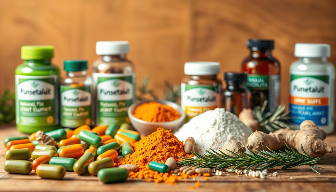 A vibrant still life depicting an array of natural joint supplements. In the foreground, a selection of capsules, tablets, and powders in various hues of green, orange, and brown, arranged artfully on a wooden surface. The middle ground features a scattering of fresh herbs and spices, such as turmeric, ginger, and rosemary, alluding to the botanical ingredients within the supplements. The background is softly blurred, creating a sense of depth and focus on the central elements. Warm, natural lighting casts a gentle glow, highlighting the textures and colors of the scene. The overall composition conveys a sense of health, wellness, and the power of nature-based solutions for joint inflammation and mobility.