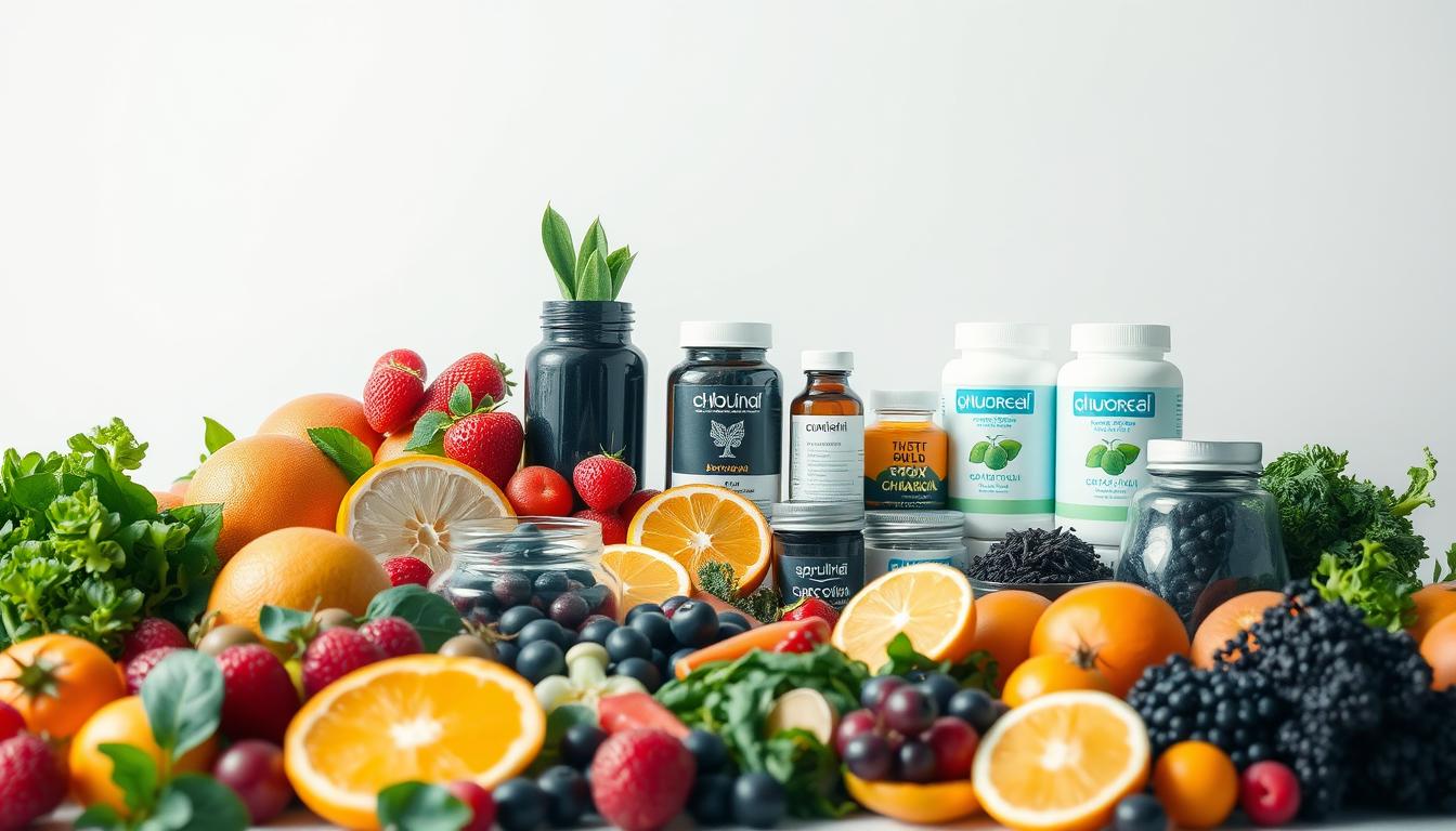 A vibrant still life depicting antioxidant-rich foods and supplements in a clean, minimalist setting. In the foreground, a collection of colorful fruits and vegetables - leafy greens, berries, citrus - arranged artfully against a plain, light-colored backdrop. Midground features an assortment of herbal supplements, superfoods, and detoxifying compounds like spirulina, chlorella, and activated charcoal, placed purposefully to complement the produce. The background is hazy, with soft, indirect lighting illuminating the scene, conveying a sense of purity and wellness. The overall composition strikes a balance between scientific precision and natural, nourishing elements, reflecting the concept of holistic detoxification.