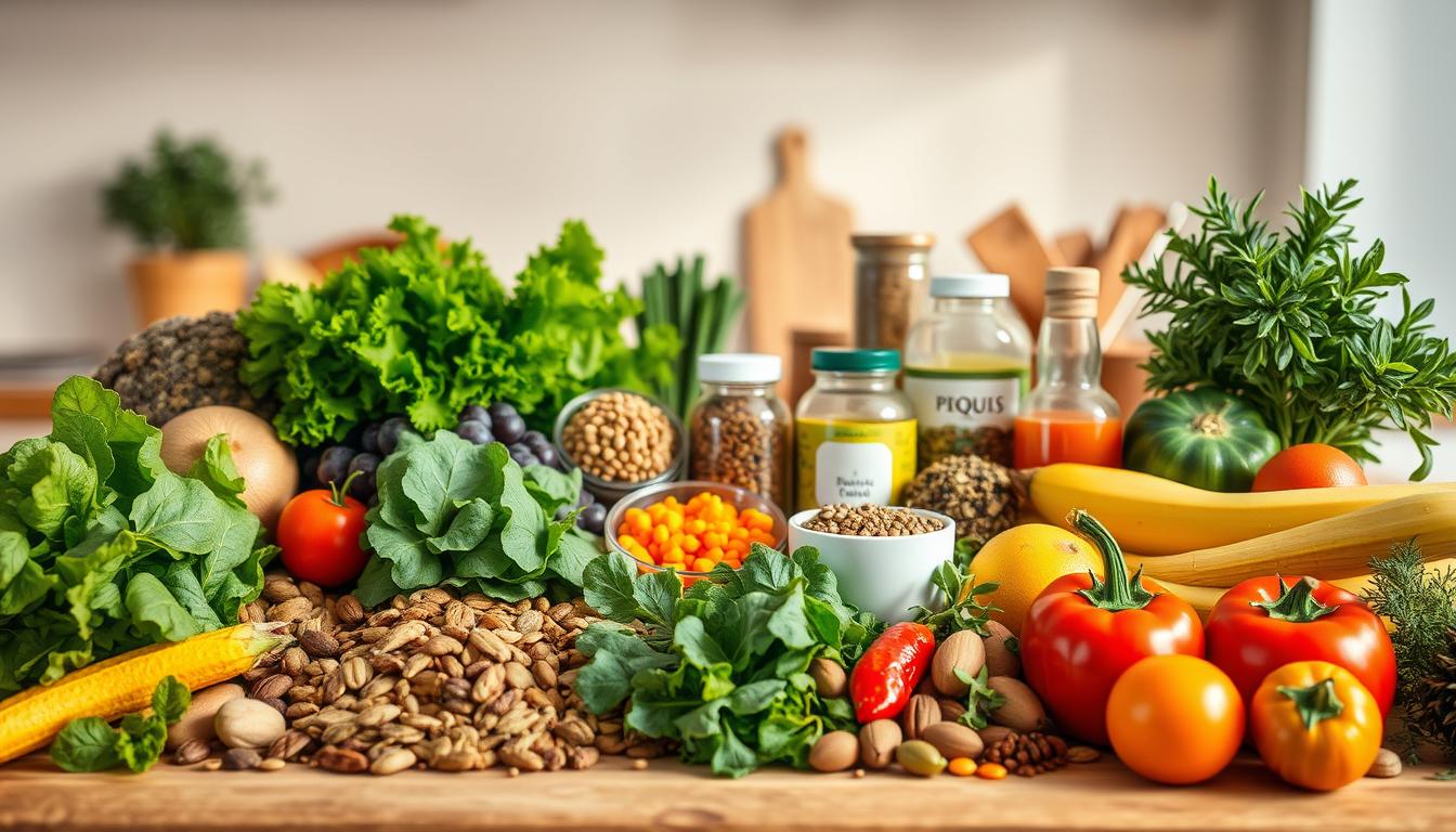 A vibrant still life depicting the essential elements for nutritional balancing to control cravings. In the foreground, an assortment of whole, unprocessed foods - leafy greens, colorful vegetables, nuts, seeds, and fruits. In the middle ground, various spices, herbs, and supplements arranged artfully. The background showcases a clean, minimalist kitchen counter or table, illuminated by warm, natural lighting. The overall composition conveys a sense of balance, harmony, and the potential for nourishing one's body to overcome cravings. A vibrant still life depicting the essential elements for nutritional balancing to control cravings. In the foreground, an assortment of whole, unprocessed foods - leafy greens, colorful vegetables, nuts, seeds, and fruits. In the middle ground, various spices, herbs, and supplements arranged artfully. The background showcases a clean, minimalist kitchen counter or table, illuminated by warm, natural lighting. The overall composition conveys a sense of balance, harmony, and the potential for nourishing one's body to overcome cravings.