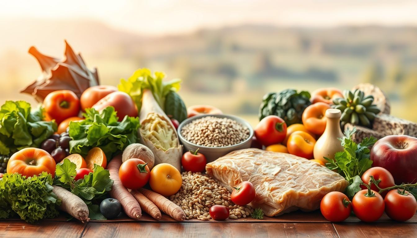 A vibrant still life depicting the seasonal food challenges of maintaining a balanced diet. In the foreground, an assortment of fresh, colorful produce - leafy greens, root vegetables, and juicy fruits - arranged artfully on a wooden table. In the middle ground, a selection of hearty whole grains and lean protein sources, representing the core components of a nutritious meal. The background features a softly blurred landscape, hinting at the changing seasons and the need to adapt one's eating habits accordingly. Warm, natural lighting casts a golden glow, highlighting the textures and vibrant hues of the ingredients. The overall composition conveys the delicate balance required to enjoy the bounty of the seasons while nourishing the body. A vibrant still life depicting the seasonal food challenges of maintaining a balanced diet. In the foreground, an assortment of fresh, colorful produce - leafy greens, root vegetables, and juicy fruits - arranged artfully on a wooden table. In the middle ground, a selection of hearty whole grains and lean protein sources, representing the core components of a nutritious meal. The background features a softly blurred landscape, hinting at the changing seasons and the need to adapt one's eating habits accordingly. Warm, natural lighting casts a golden glow, highlighting the textures and vibrant hues of the ingredients. The overall composition conveys the delicate balance required to enjoy the bounty of the seasons while nourishing the body.