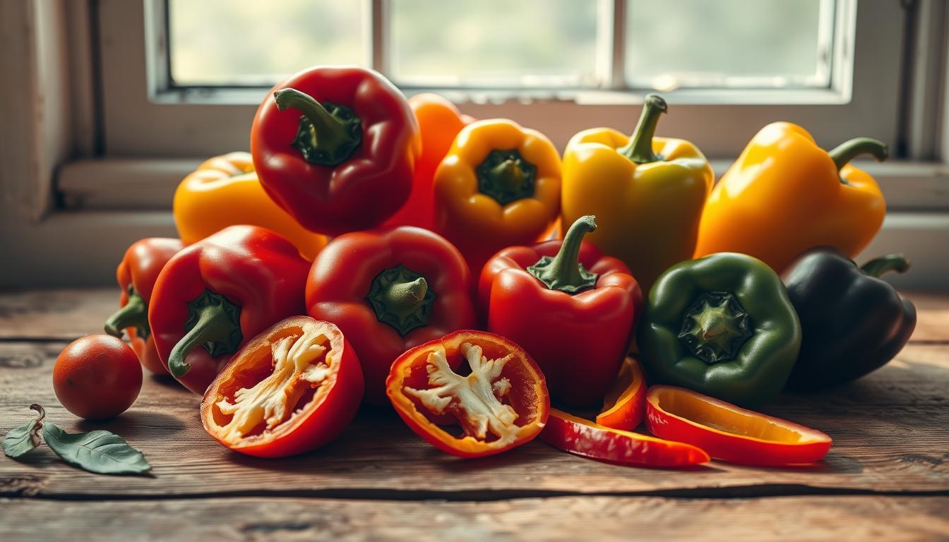 A vibrant still life displaying a variety of colorful peppers arranged on a rustic wooden surface. Diffused natural lighting from a large window illuminates the scene, casting soft shadows and highlighting the diverse hues - fiery red, vibrant orange, vivid yellow, and deep green. The peppers are shown in various stages of ripeness, some whole and others sliced, revealing their crisp, juicy interiors. The composition emphasizes the peppery produce's striking visual appeal and emphasizes their anti-inflammatory properties through a sense of health and vitality. A warm, inviting atmosphere pervades the image, conveying the peppers' potential to soothe and nourish the body.