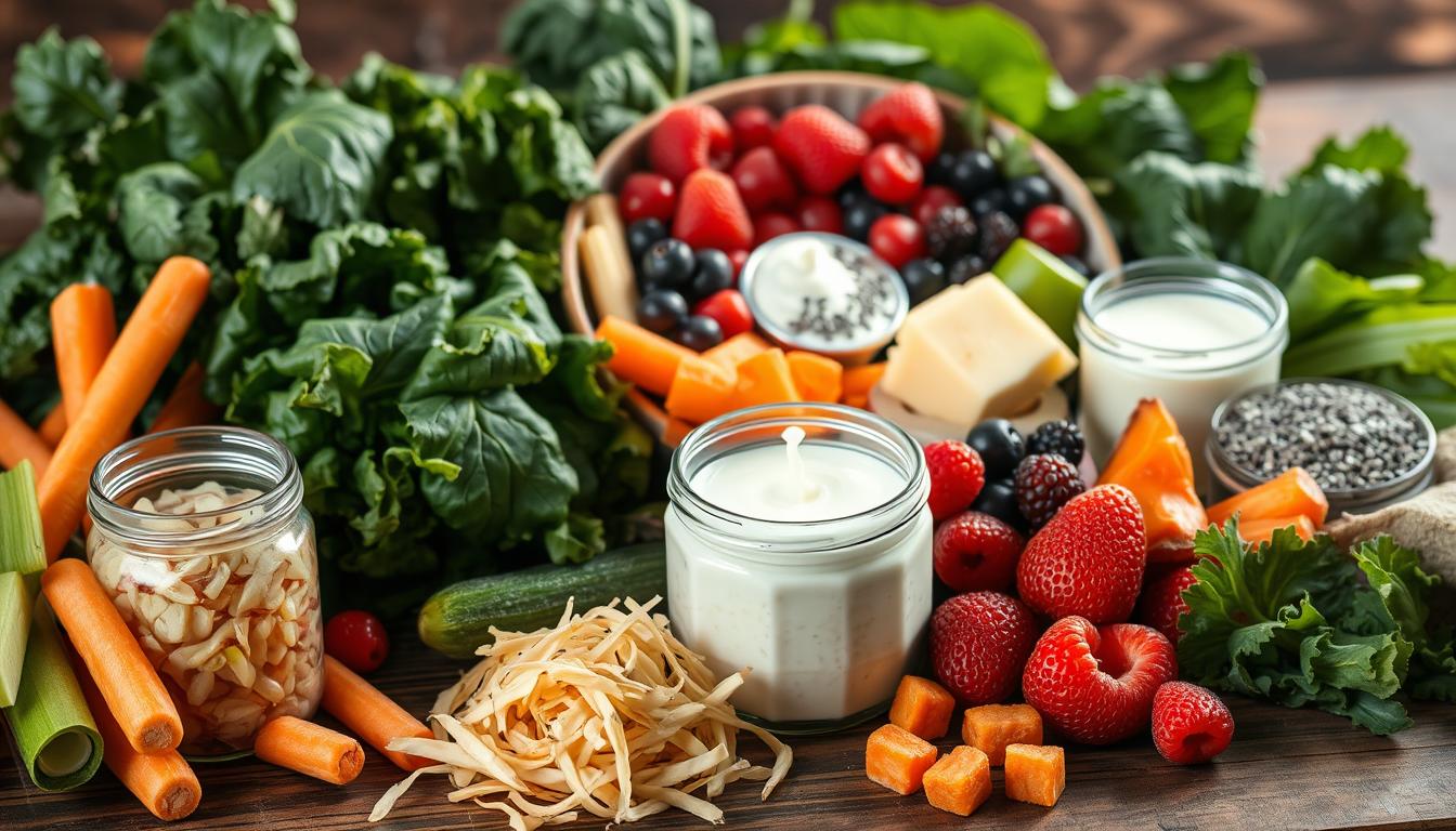 A vibrant still life featuring an array of fiber-rich and fermented foods, artfully arranged on a rustic wooden table. In the foreground, a selection of crunchy vegetables like carrots, celery, and cucumber, alongside a glass jar of sauerkraut, its contents shimmering with probiotic goodness. In the middle ground, a platter showcasing a variety of fermented dairy products, such as creamy yogurt and tangy kefir, complemented by vibrant berries and a sprinkling of chia seeds. The background is filled with lush, leafy greens, including spinach and kale, their deep, earthy tones contrasting with the bright, vibrant hues of the other ingredients. The lighting is soft and natural, casting a warm, inviting glow over the scene, emphasizing the rich, nourishing qualities of these gut-friendly foods.