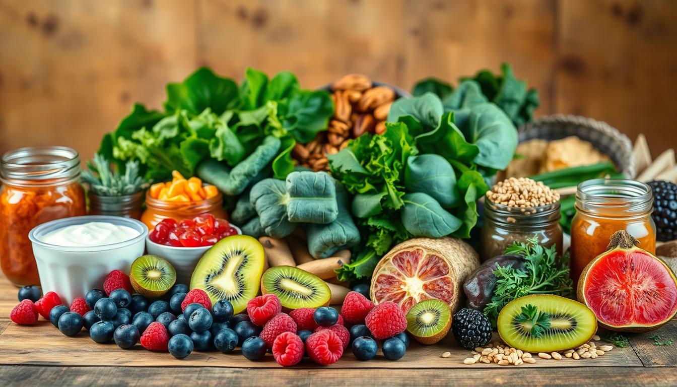 A vibrant still life featuring an assortment of gut-healthy foods arranged on a rustic wooden table. In the foreground, a variety of colorful fruits such as blueberries, raspberries, and kiwi are displayed alongside a selection of fermented foods like yogurt, sauerkraut, and kimchi. In the middle ground, various leafy greens, including spinach, kale, and arugula, are neatly arranged, complemented by nuts, seeds, and whole grains such as quinoa and chia. The background showcases a warm, natural lighting that casts a soft glow on the scene, emphasizing the freshness and vibrancy of the ingredients. The overall composition conveys a sense of balance, nourishment, and the connection between a healthy gut and emotional well-being.