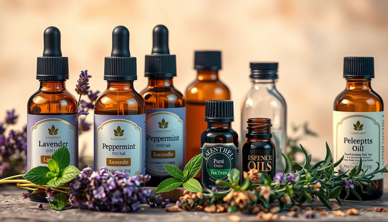 A vibrant still life of essential oil bottles and ingredients, artfully arranged against a soft, blurred background. The foreground features a selection of the most popular and beneficial essential oils, including lavender, peppermint, eucalyptus, and tea tree, their labels prominently displayed. The middle ground showcases the natural botanicals and herbs from which these oils are derived, such as lavender flowers, mint leaves, and eucalyptus branches. The background is a soothing, out-of-focus scene, creating a sense of tranquility and wellness. Warm, directional lighting casts gentle shadows, accentuating the rich colors and textures of the oils and botanicals. The overall composition conveys the healing power and versatility of these natural remedies.