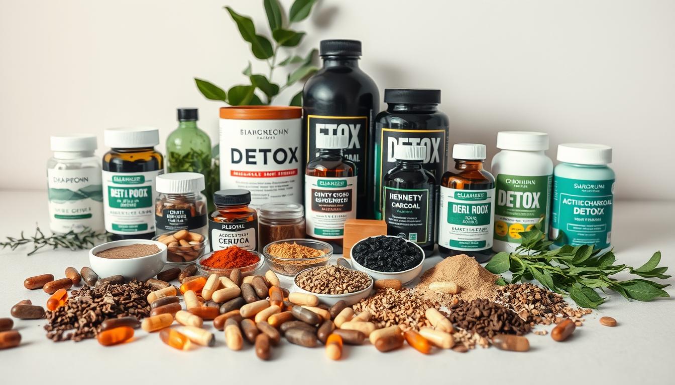 A vibrant still life of various detox supplements arranged on a clean, light-colored surface. In the foreground, a selection of herbal capsules, powders, and tinctures in earthy tones are displayed. In the middle ground, larger bottles and jars of detoxifying nutrients such as activated charcoal, chlorella, and spirulina stand out against the background. The lighting is soft and diffused, creating a warm, natural atmosphere. The composition is balanced and visually appealing, highlighting the products in a way that conveys their purpose and benefits for supporting the body's natural detoxification processes.