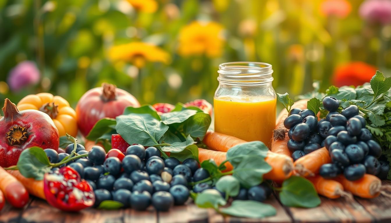 A vibrant still life scene depicting an array of anti-aging superfoods. In the foreground, an assortment of colorful fruits and vegetables - blueberries, pomegranate, spinach, and carrots - arranged artfully on a rustic wooden table. The middle ground features a glass jar filled with a golden elixir, perhaps a turmeric-infused wellness tonic. In the background, a lush, verdant backdrop suggests a bountiful garden, hinting at the natural origins of these nourishing ingredients. Warm, soft lighting casts a gentle glow, creating an inviting and healthful atmosphere. The overall composition conveys the vitality and restorative power of anti-aging nutrition.