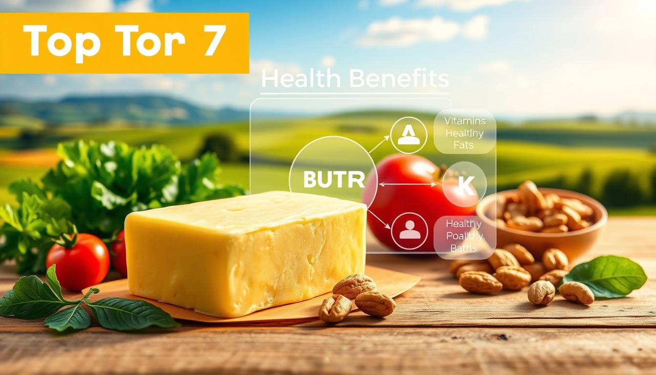 A vibrant still life scene depicting the top 7 health benefits of butter. In the foreground, a golden pat of butter sits atop a wooden table, glowing softly in the warm lighting. Surrounding it are various ingredients associated with the benefits: crisp greens, juicy tomatoes, and crunchy nuts. In the middle ground, a transparent diagram illustrates the key nutrients in butter, such as vitamins A and K, and healthy fats. The background features a soothing, pastoral landscape with rolling hills and a bright blue sky, evoking the natural, wholesome origins of this nourishing food. The entire composition conveys the anti-inflammatory and healing properties of this natural fat. A vibrant still life scene depicting the top 7 health benefits of butter. In the foreground, a golden pat of butter sits atop a wooden table, glowing softly in the warm lighting. Surrounding it are various ingredients associated with the benefits: crisp greens, juicy tomatoes, and crunchy nuts. In the middle ground, a transparent diagram illustrates the key nutrients in butter, such as vitamins A and K, and healthy fats. The background features a soothing, pastoral landscape with rolling hills and a bright blue sky, evoking the natural, wholesome origins of this nourishing food. The entire composition conveys the anti-inflammatory and healing properties of this natural fat.