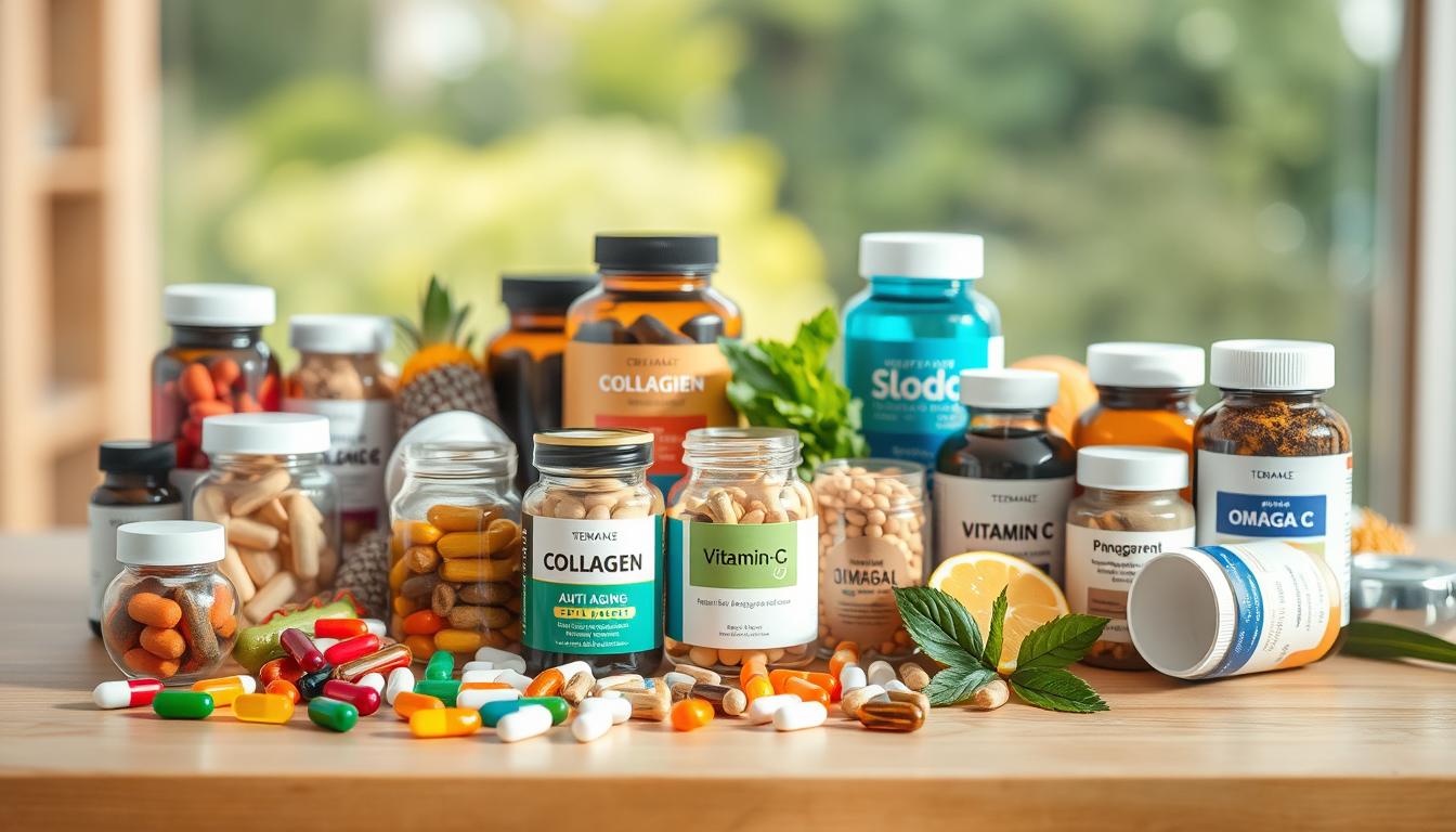 A vibrant still life scene of various anti-aging supplements arranged on a clean, minimalist wooden table. The foreground features an assortment of colorful capsules, tablets, and powders in glass jars and bottles, highlighting their natural ingredients. The middle ground showcases a few key supplements like collagen, vitamin C, and omega-3s, complemented by fresh fruits and leafy greens. The background has a soft, out-of-focus natural setting, conveying a sense of health and wellness. Warm, directional lighting casts subtle shadows, emphasizing the quality and effectiveness of these premium anti-aging supplements.