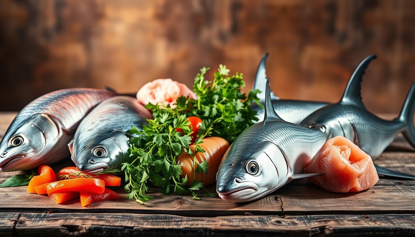A vibrant still life showcasing a selection of high-mercury fish to avoid during a heavy metal detox. In the foreground, a group of varied fish specimens - tuna, swordfish, king mackerel, and shark - are arranged artfully on a rustic wooden surface. The middle ground features a scattering of leafy greens and herbs, adding a fresh, organic contrast. The background is softly blurred, hinting at a warm, natural setting with hints of earthy tones. Dramatic lighting casts dramatic shadows, emphasizing the textures and colors of the seafood. The overall composition conveys a sense of caution and awareness, guiding the viewer towards making informed dietary choices during a heavy metal cleanse.