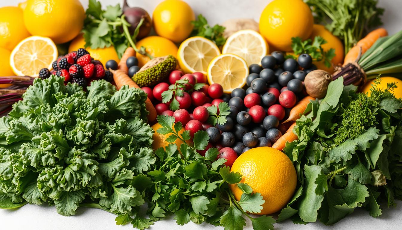 A vibrant still life showcasing a selection of nourishing foods known for their detoxifying properties. In the foreground, a variety of crisp, freshly harvested greens including kale, spinach, and arugula, their deep green hues shimmering under soft, diffused lighting. Surrounding them, an array of vibrant citrus fruits - lemons, limes, and oranges - their golden skins glistening. In the middle ground, clusters of juicy berries in shades of deep red and purple, complemented by earthy roots such as beets and carrots. A sprinkling of herbs, like parsley and cilantro, adds a fragrant touch. The background is a neutral, minimalist setting, allowing the colors and textures of these detoxifying superfoods to take center stage.