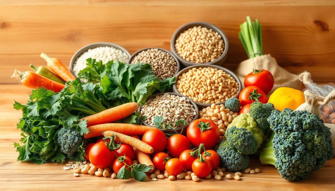 A vibrant still life showcasing a variety of fiber-rich foods for diabetes management. In the foreground, a colorful array of vegetables - leafy greens, crunchy carrots, juicy tomatoes, and fiber-packed broccoli - arranged in a visually appealing manner. In the middle ground, whole grains such as brown rice, quinoa, and oats, along with legumes like chickpeas and lentils, highlighting their high-fiber content. The background features a natural wooden table, bathed in warm, soft lighting to create a cozy, inviting atmosphere. The overall composition emphasizes the importance of incorporating these nutrient-dense, fiber-rich foods into a balanced diet for effective diabetes management. A vibrant still life showcasing a variety of fiber-rich foods for diabetes management. In the foreground, a colorful array of vegetables - leafy greens, crunchy carrots, juicy tomatoes, and fiber-packed broccoli - arranged in a visually appealing manner. In the middle ground, whole grains such as brown rice, quinoa, and oats, along with legumes like chickpeas and lentils, highlighting their high-fiber content. The background features a natural wooden table, bathed in warm, soft lighting to create a cozy, inviting atmosphere. The overall composition emphasizes the importance of incorporating these nutrient-dense, fiber-rich foods into a balanced diet for effective diabetes management.