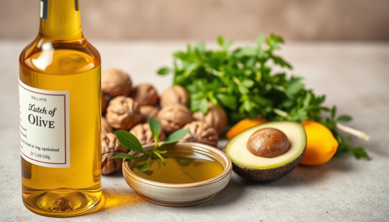 A vibrant still life showcasing a variety of healthier oil alternatives. In the foreground, a glass bottle filled with golden olive oil, its label prominently displayed. Beside it, a cluster of walnuts and a small ceramic dish of glistening avocado oil. In the middle ground, a bundle of fresh herbs, their verdant leaves complementing the warm tones of the oils. In the background, a neutral-colored surface, allowing the vibrant hues of the oils and natural elements to take center stage. The lighting is soft and natural, accentuating the rich textures and glossy finishes of the oils and ingredients. The overall composition conveys a sense of quality, health, and culinary expertise.