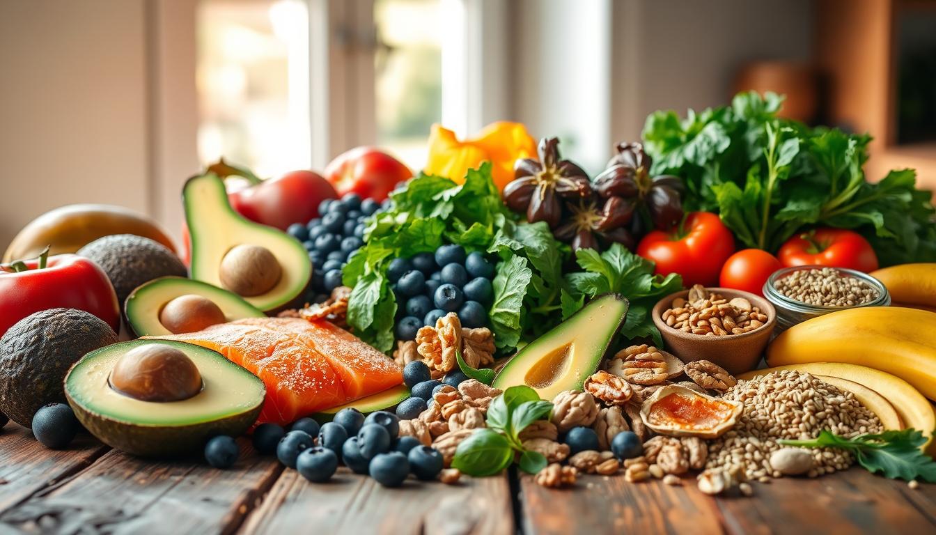 A vibrant still life showcasing a variety of heart-healthy foods arranged on a rustic wooden table. In the foreground, a mix of colorful fruits and vegetables including avocados, blueberries, leafy greens, and salmon fillets. In the middle ground, various nuts, seeds, and whole grains like walnuts, flaxseeds, and quinoa. The background features a soft, natural lighting filtering through a window, casting a warm glow over the scene. The overall composition evokes a sense of nourishment and wellness, highlighting the power of functional foods to support cardiovascular health. A vibrant still life showcasing a variety of heart-healthy foods arranged on a rustic wooden table. In the foreground, a mix of colorful fruits and vegetables including avocados, blueberries, leafy greens, and salmon fillets. In the middle ground, various nuts, seeds, and whole grains like walnuts, flaxseeds, and quinoa. The background features a soft, natural lighting filtering through a window, casting a warm glow over the scene. The overall composition evokes a sense of nourishment and wellness, highlighting the power of functional foods to support cardiovascular health.