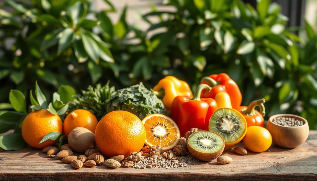 A vibrant still life showcasing an array of collagen-boosting superfoods for radiant skin health. In the foreground, an assortment of succulent fruits and vegetables like oranges, bell peppers, and kiwi are artfully arranged on a rustic wooden table, bathed in warm, natural lighting. In the middle ground, a selection of nuts and seeds, such as almonds, walnuts, and chia, add texture and depth. The background features lush, verdant foliage, hinting at the verdant, nourishing nature of these wholesome ingredients. The overall composition exudes a sense of vitality and wellness, capturing the essence of skin-rejuvenating functional foods. A vibrant still life showcasing an array of collagen-boosting superfoods for radiant skin health. In the foreground, an assortment of succulent fruits and vegetables like oranges, bell peppers, and kiwi are artfully arranged on a rustic wooden table, bathed in warm, natural lighting. In the middle ground, a selection of nuts and seeds, such as almonds, walnuts, and chia, add texture and depth. The background features lush, verdant foliage, hinting at the verdant, nourishing nature of these wholesome ingredients. The overall composition exudes a sense of vitality and wellness, capturing the essence of skin-rejuvenating functional foods.