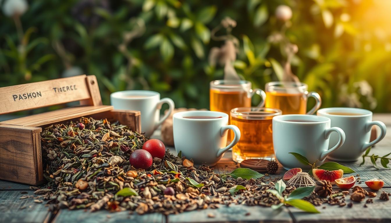 A vibrant still life showcasing an assortment of herbal teas and hydration hacks. In the foreground, a collection of aromatic tea leaves, dried fruit, and fragrant herbs spill out of a wooden crate. In the middle ground, a variety of teacups and infusers sit atop a rustic wooden table, steam rising from their contents. The background features a lush, verdant backdrop, hinting at the natural goodness of the ingredients. Soft, warm lighting illuminates the scene, creating a cozy, inviting atmosphere that inspires healthy, mindful hydration.