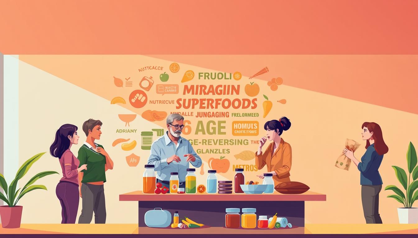 A vibrant, stylized illustration depicting the "anti-aging nutrition myths" concept. In the foreground, a group of people standing around a table, examining various health supplements and food items with skeptical expressions. The middle ground showcases a collage of common anti-aging claims, such as "miracle superfoods" and "age-reversing elixirs", presented in a visually striking, almost satirical manner. The background features a backdrop of modern, minimalist design elements, conveying a sense of contemporary health and wellness trends. Warm, soft lighting illuminates the scene, creating a thought-provoking and visually engaging composition.