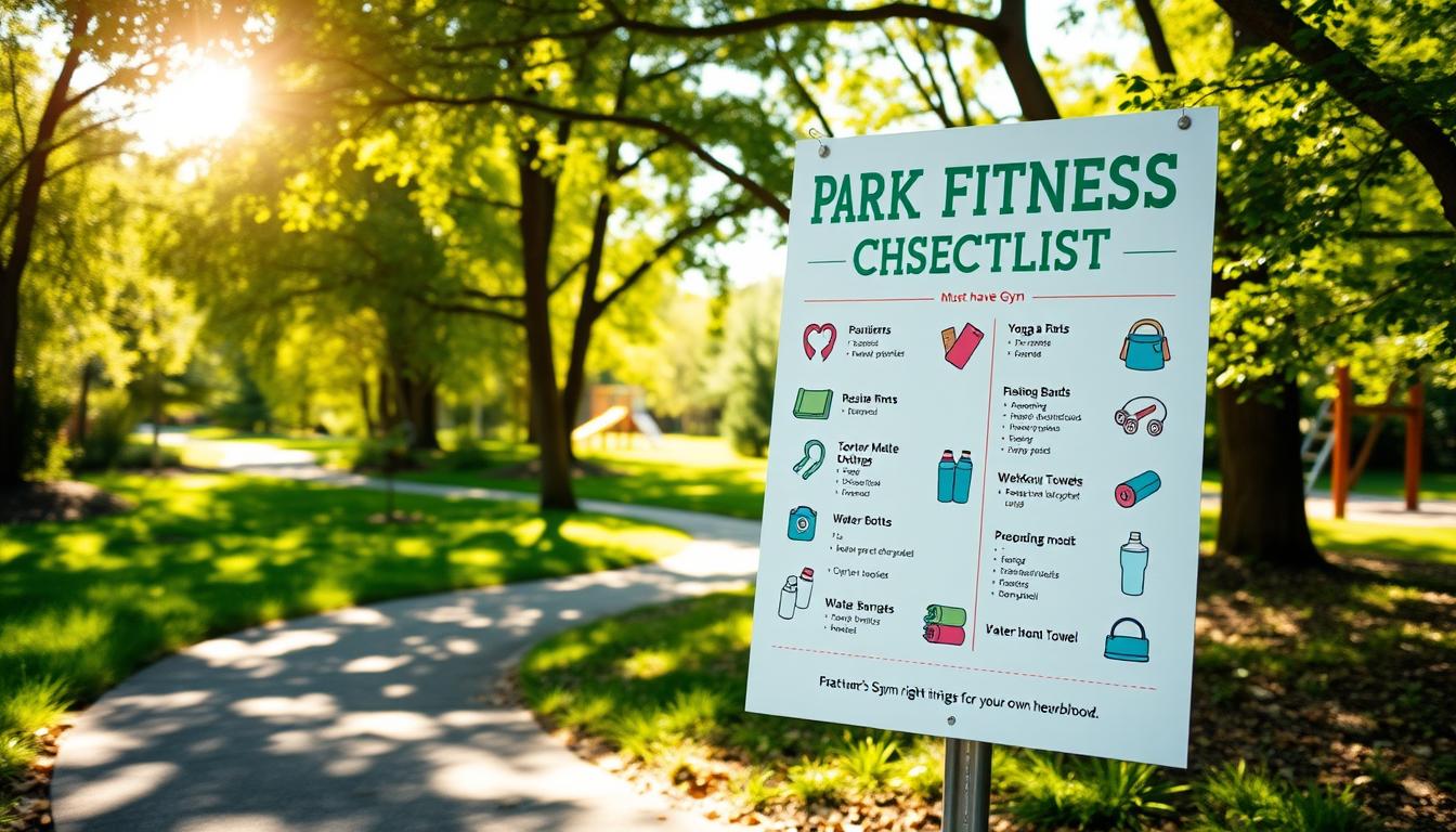 A vibrant, sun-dappled park setting, with a prominently displayed "Park Fitness Essentials Checklist" showcasing the must-have items for an outdoor workout. The checklist is neatly organized, with icons and text highlighting essential equipment like resistance bands, yoga mats, water bottles, and towels. The background features lush greenery, a winding path, and a hint of a nearby playground, creating a welcoming, nature-inspired atmosphere for fitness enthusiasts. Warm, natural lighting casts a inviting glow, encouraging people to explore the "Nature's Gym" right in their own neighborhood.