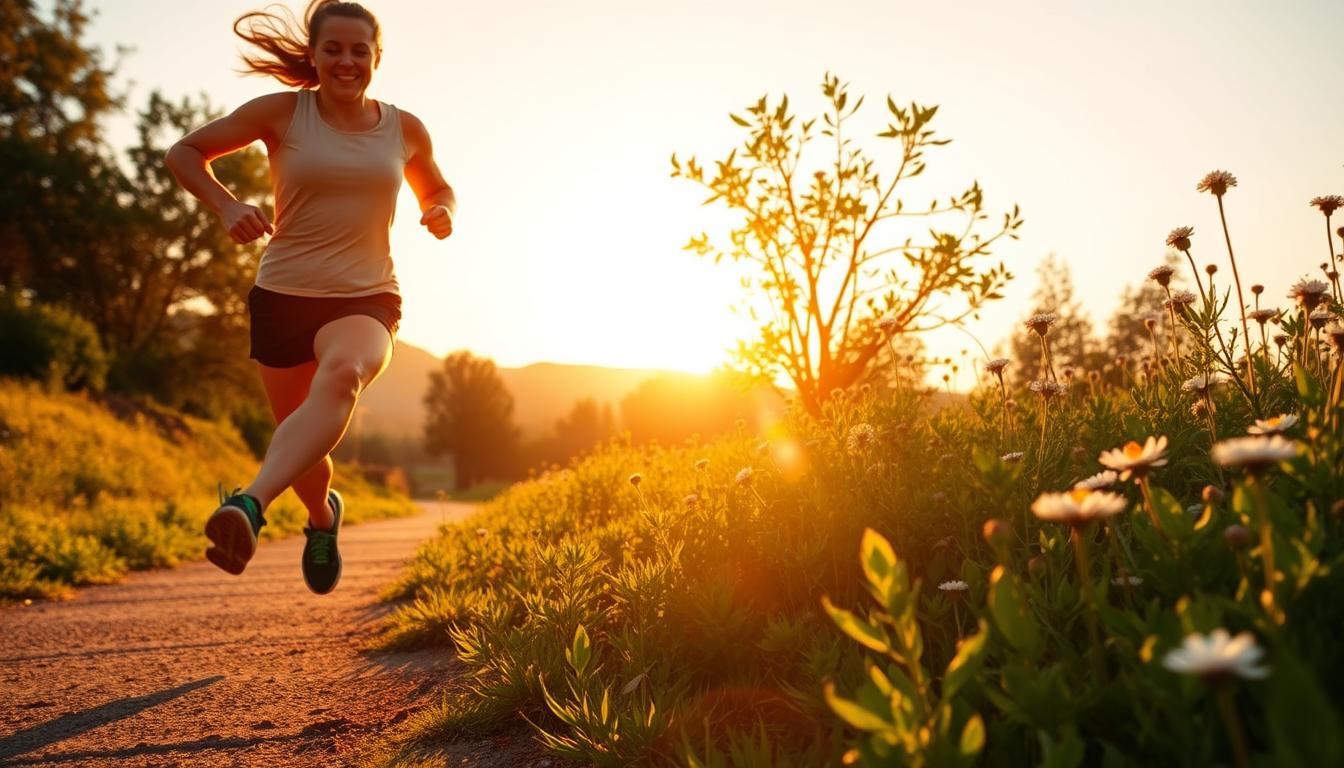 A vibrant, sun-drenched morning scene showcasing the gut health benefits of exercise. In the foreground, a person runs energetically on a scenic path, their body glowing with vitality. The middle ground features lush greenery, with plants and flowers in full bloom, symbolizing the flourishing gut microbiome. In the background, the rising sun casts a warm, golden glow, illuminating the entire scene and evoking a sense of renewal and rejuvenation. The image is captured with a wide-angle lens, creating a sense of depth and immersion, as if the viewer is present in the scene. The overall mood is one of vitality, optimism, and the powerful connection between physical activity and digestive well-being.