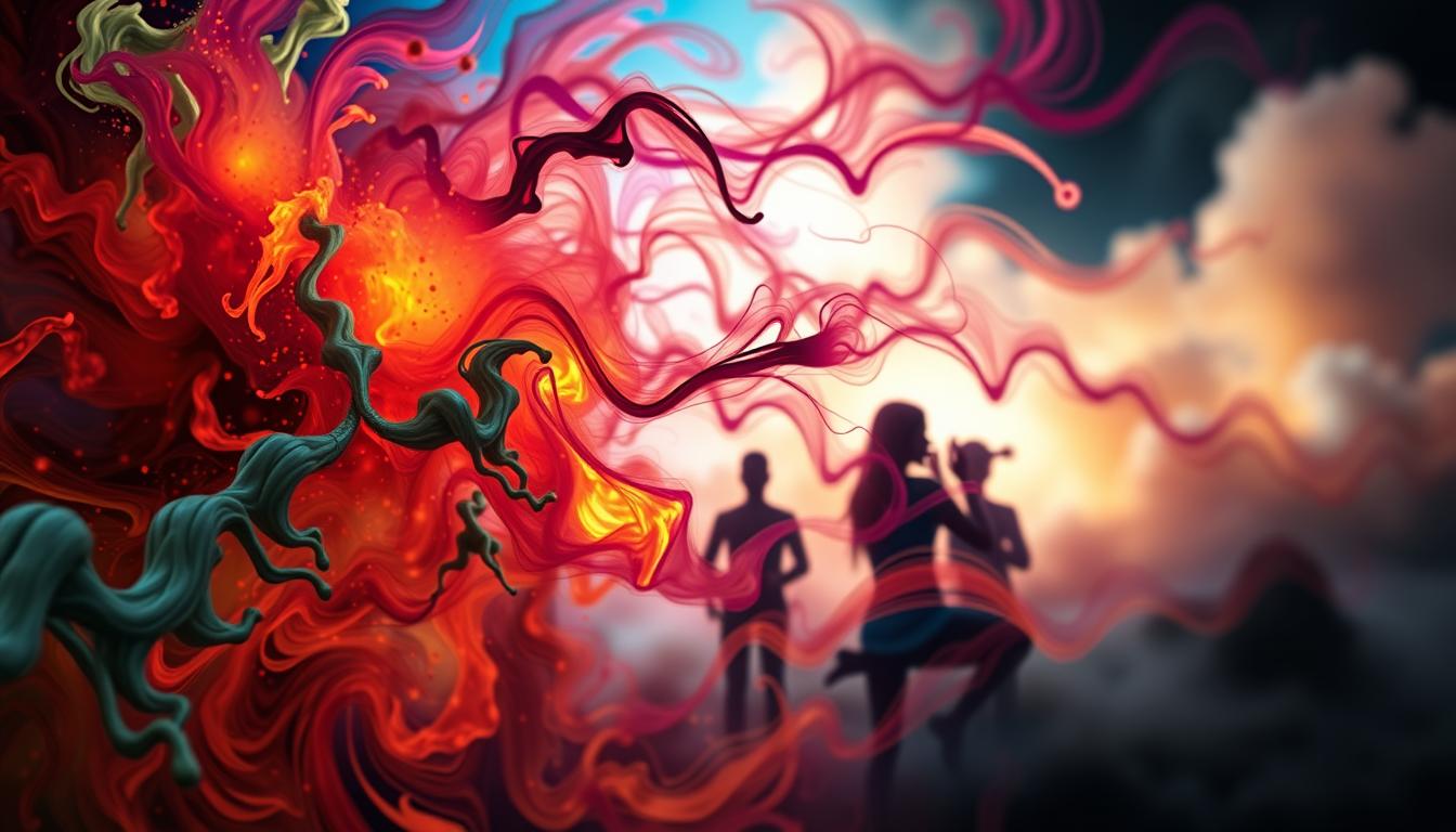 A vibrant, swirling composition depicting the hormonal imbalance that drives late-night cravings. In the foreground, a dynamic interplay of colors represents the complex hormonal dance, with bursts of warm hues symbolizing hunger and cool tones signifying stress and fatigue. The middle ground features silhouetted shapes evoking the craving for indulgent, high-calorie foods, while the background blurs into a dreamlike, ethereal landscape, hinting at the subconscious nature of these urges. Dramatic lighting casts dramatic shadows, heightening the sense of internal turmoil. Captured with a wide-angle lens to convey the overwhelming, all-encompassing nature of this physiological phenomenon.