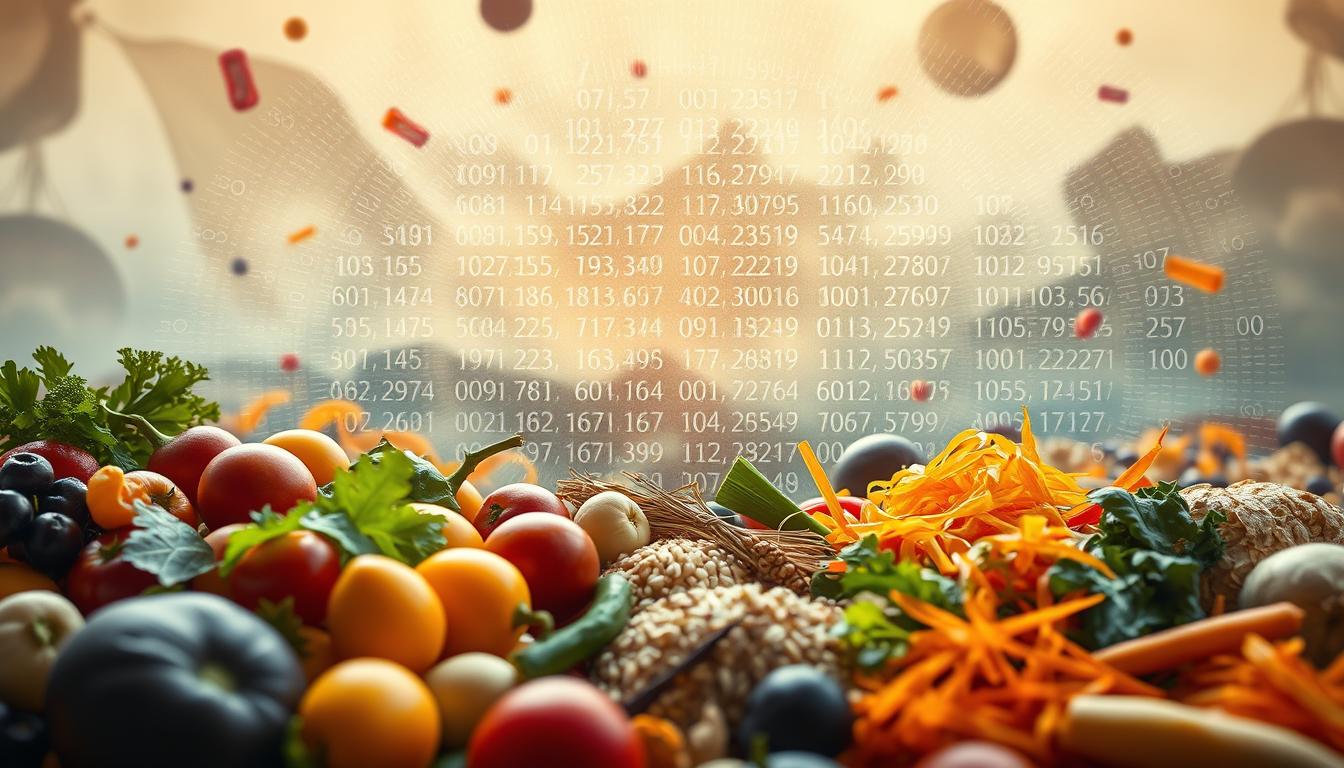 A vibrant, swirling display of hidden carbs lurking within seemingly low-carb foods. In the foreground, a colorful array of vegetables, fruits, and grains in muted tones, concealing the true carbohydrate content beneath the surface. The middle ground reveals a pulsing, kaleidoscopic pattern of numbers and graphs, representing the nutritional data obscured from view. In the background, a hazy, dreamlike landscape of overlapping shapes and shadows, hinting at the complexities of maintaining a low-cost, low-carb diet. Soft, diffused lighting casts a warm, contemplative mood, inviting the viewer to delve deeper into the hidden carb costs of seemingly healthy choices.